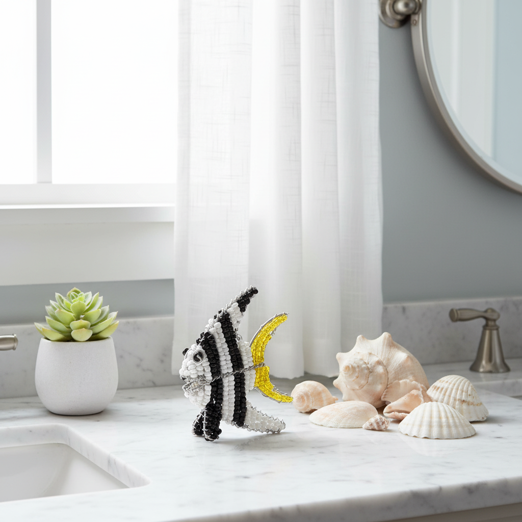 Handmade beaded miniature angelfish sculpture on a bright white bathroom vanity with seashells