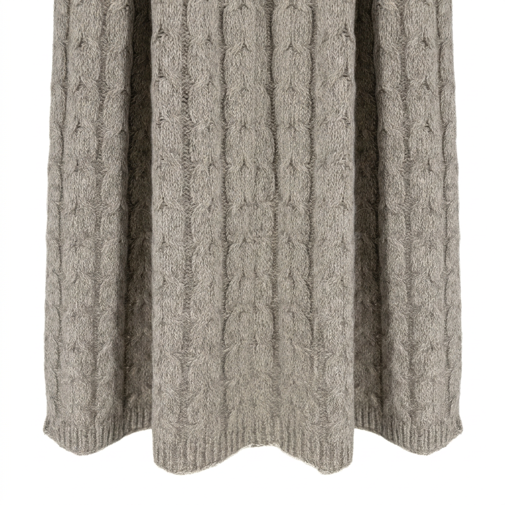 Graphite hand-finished undyed baby alpaca & Peruvian Pima cotton cable knit throw blanket, Muru Collection, made in Peru