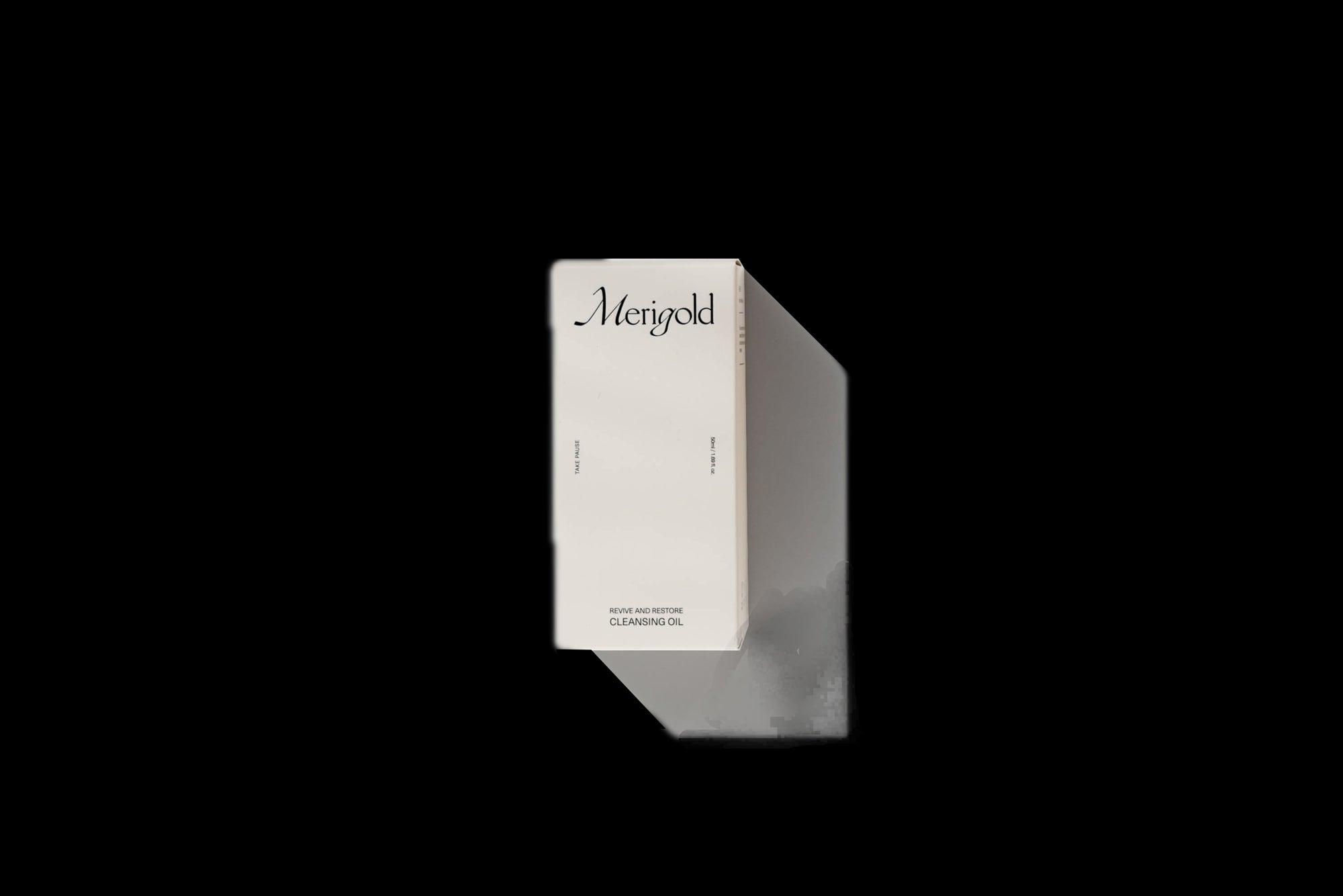 Merigold Revive and Restore Cleansing Oil minimalist cream box packaging with modern logo and soft shadow on white background