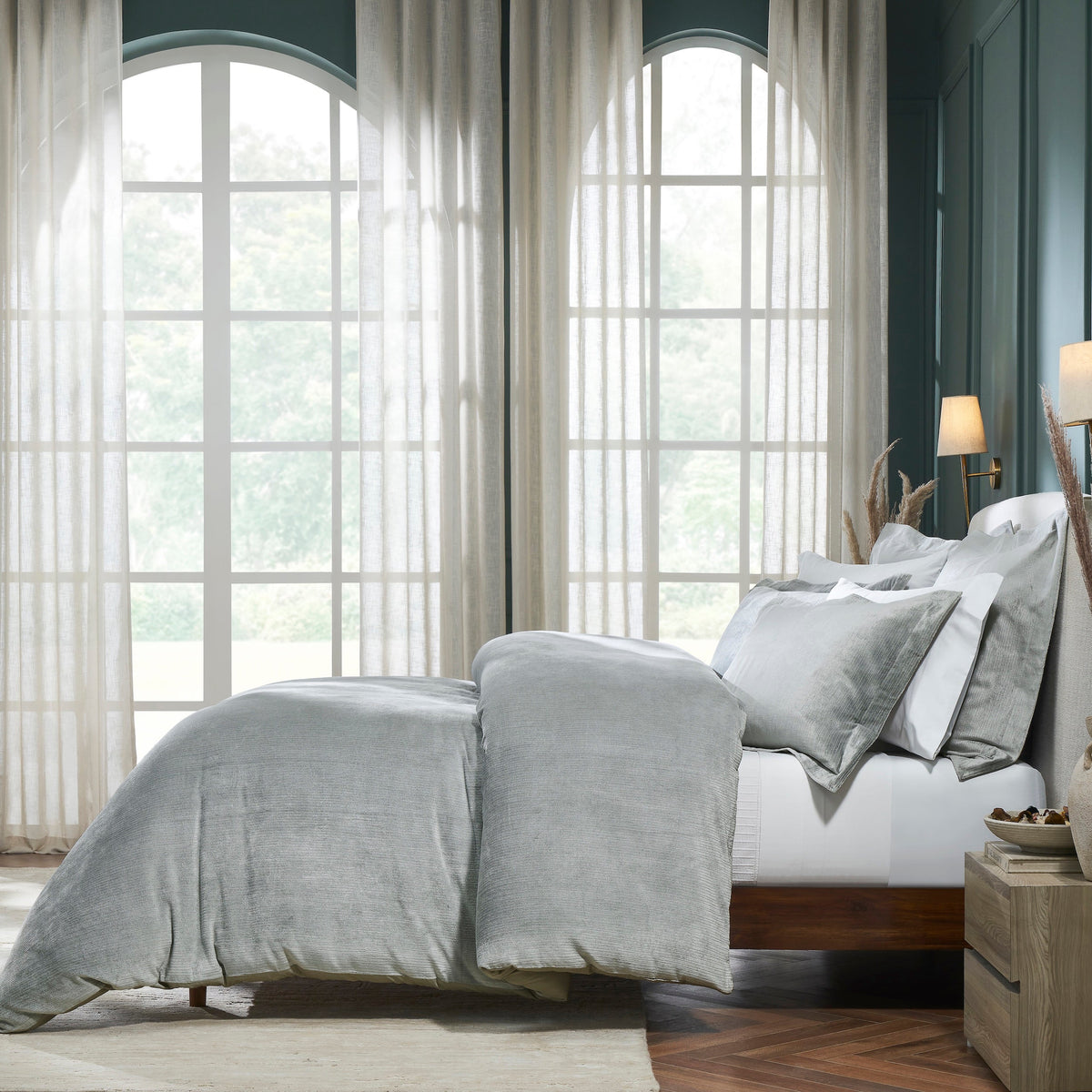 DT-054-9092_3|Luxurious sage green corduroy textured duvet cover set, soft velvet feel, elegant bedroom bedding, cozy comfortable design