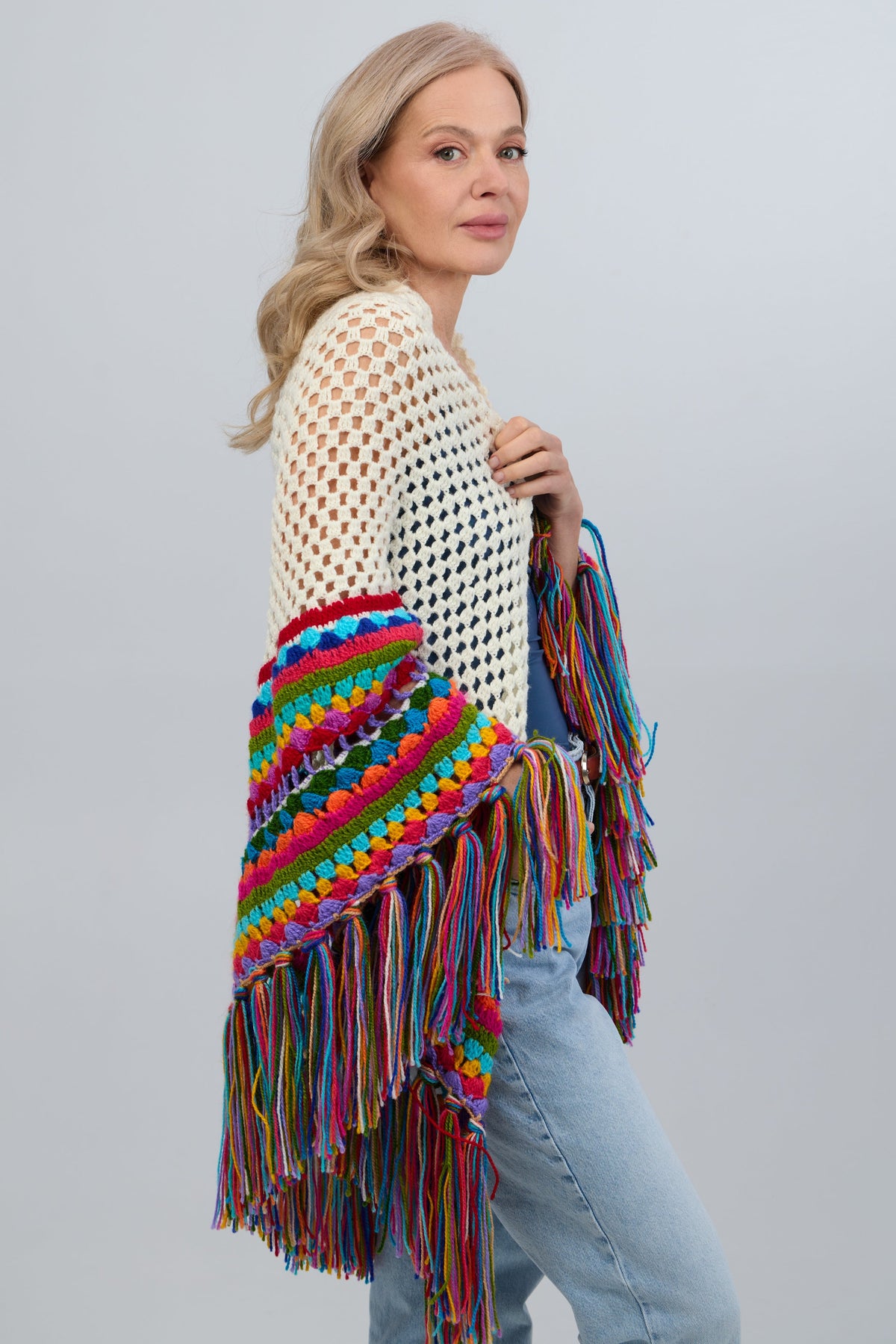 Rainbow Crochet Fringe Wrap - White