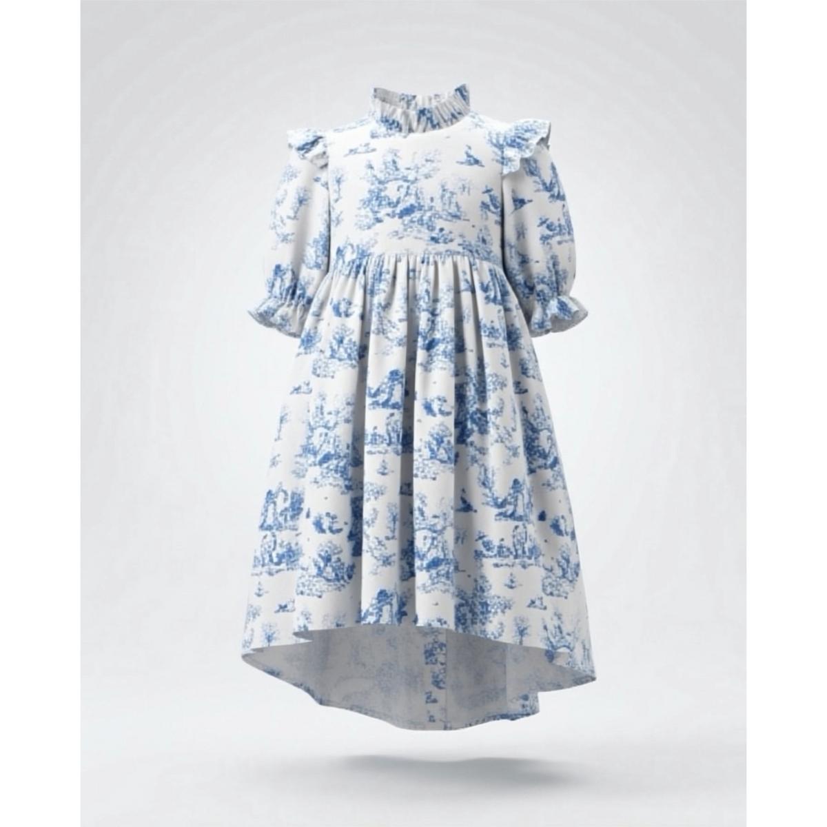 Blue Toil dress with blue floral pattern on a white background
