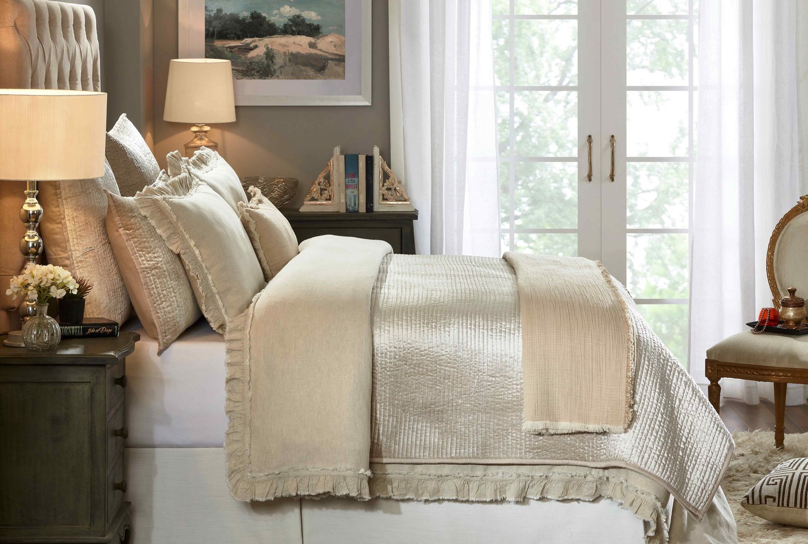 DT-018-9092_4|Natural linen-blend duvet cover in a serene beige hue, featuring stylish ruffled edges for a cozy farmhouse bedroom aesthetic.