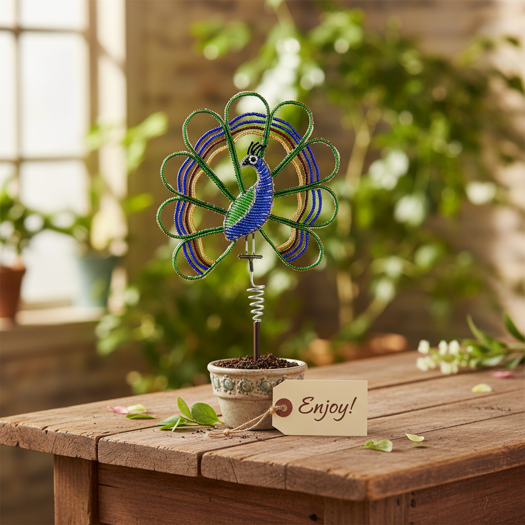 Beaded peacock garden stake set as a handcrafted gift display on rustic wooden table – 12PEAST1