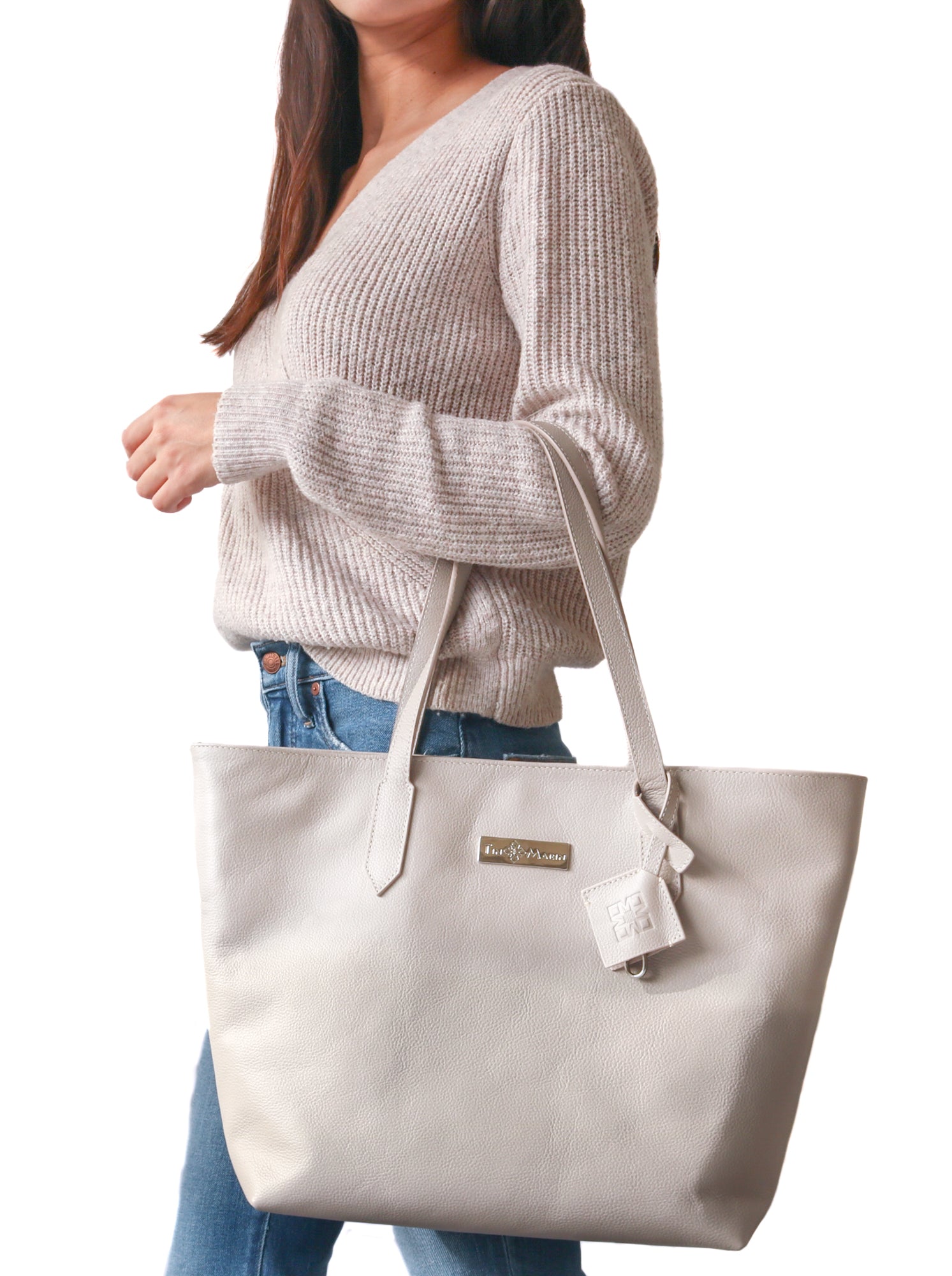 martina leather tote in taupe color, grey leather tote, laptop bag, laptop tote, work bag, travel bag, carry all bag, grained leather, artisan made.