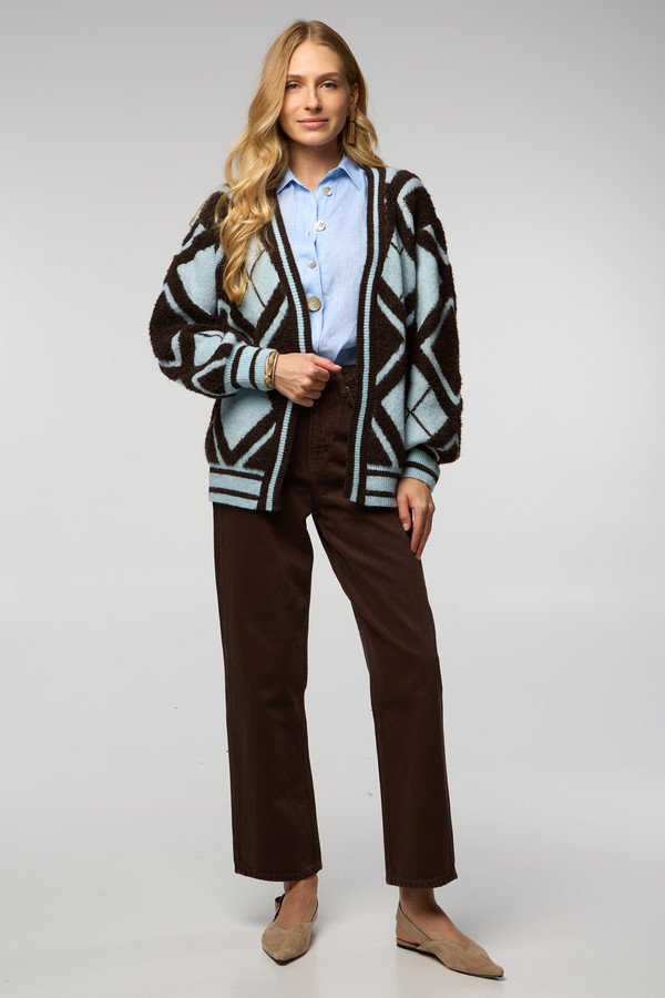 Open Argyle Knit Cardigan - Brown Multi