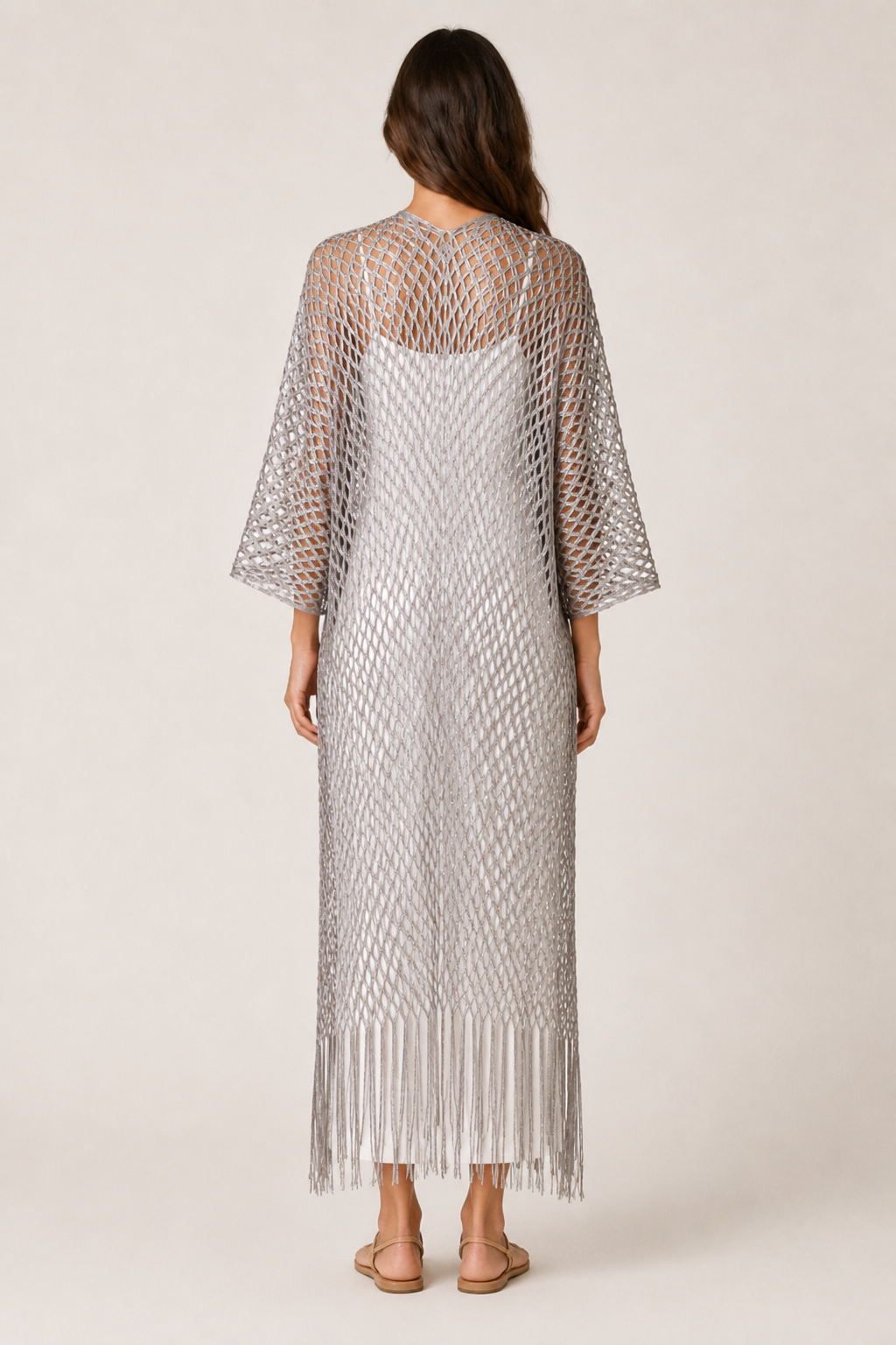 Metallic Fringe Kimono - Taupe