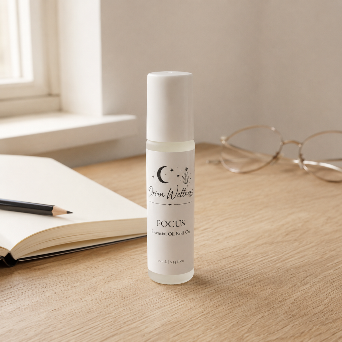 Lifestyle view of Focus Essential Oil Roll-On, included in Bright Morning Gift Set