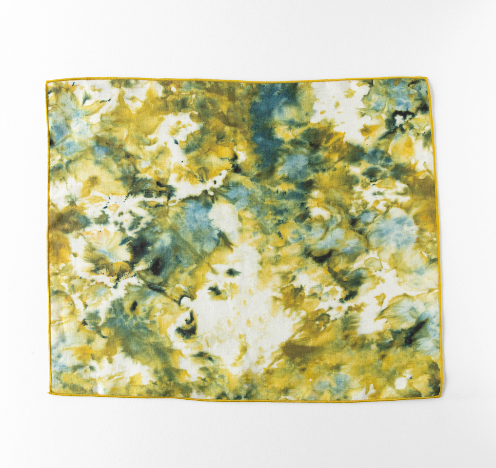 Green Marble linen placemat 15x18 with chartreuse green navy and gold watercolor pattern - Goldie Home