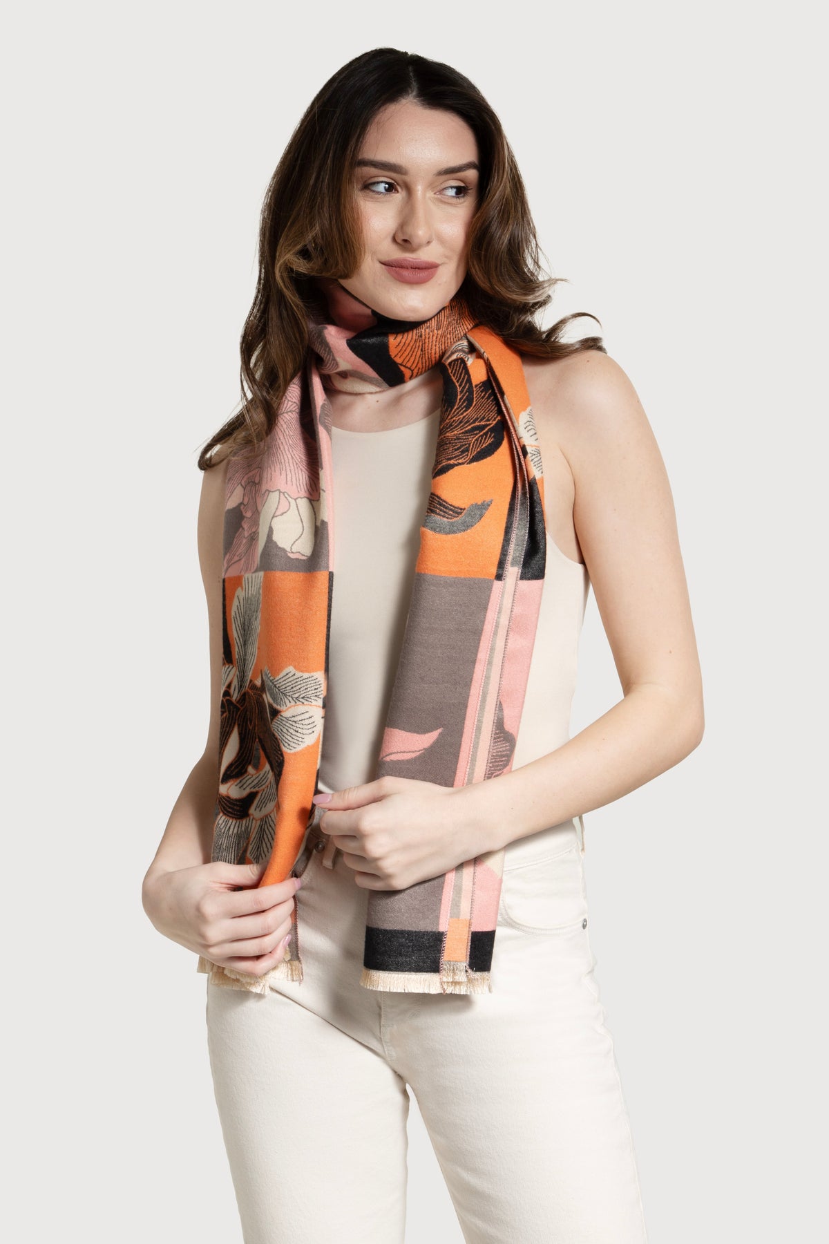 Flower Block Reversible Scarf - Sandy Brown