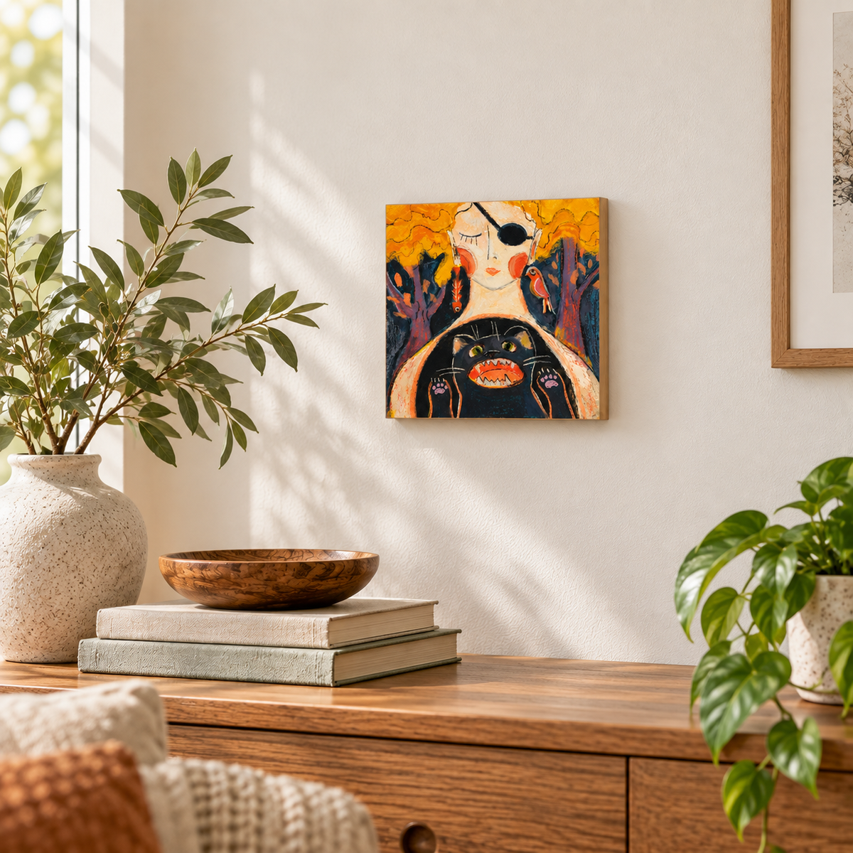 Inner Animal woman and black cat art print on 7/8 inch gesso board with natural wood sides, available in 8x8 and 12x12