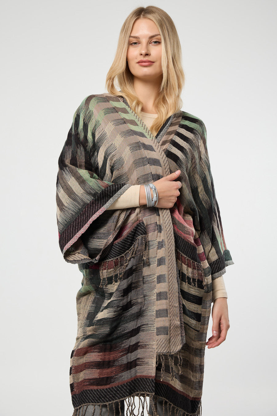 Cotton Retro Striped Fringe Long Jacket - Gray