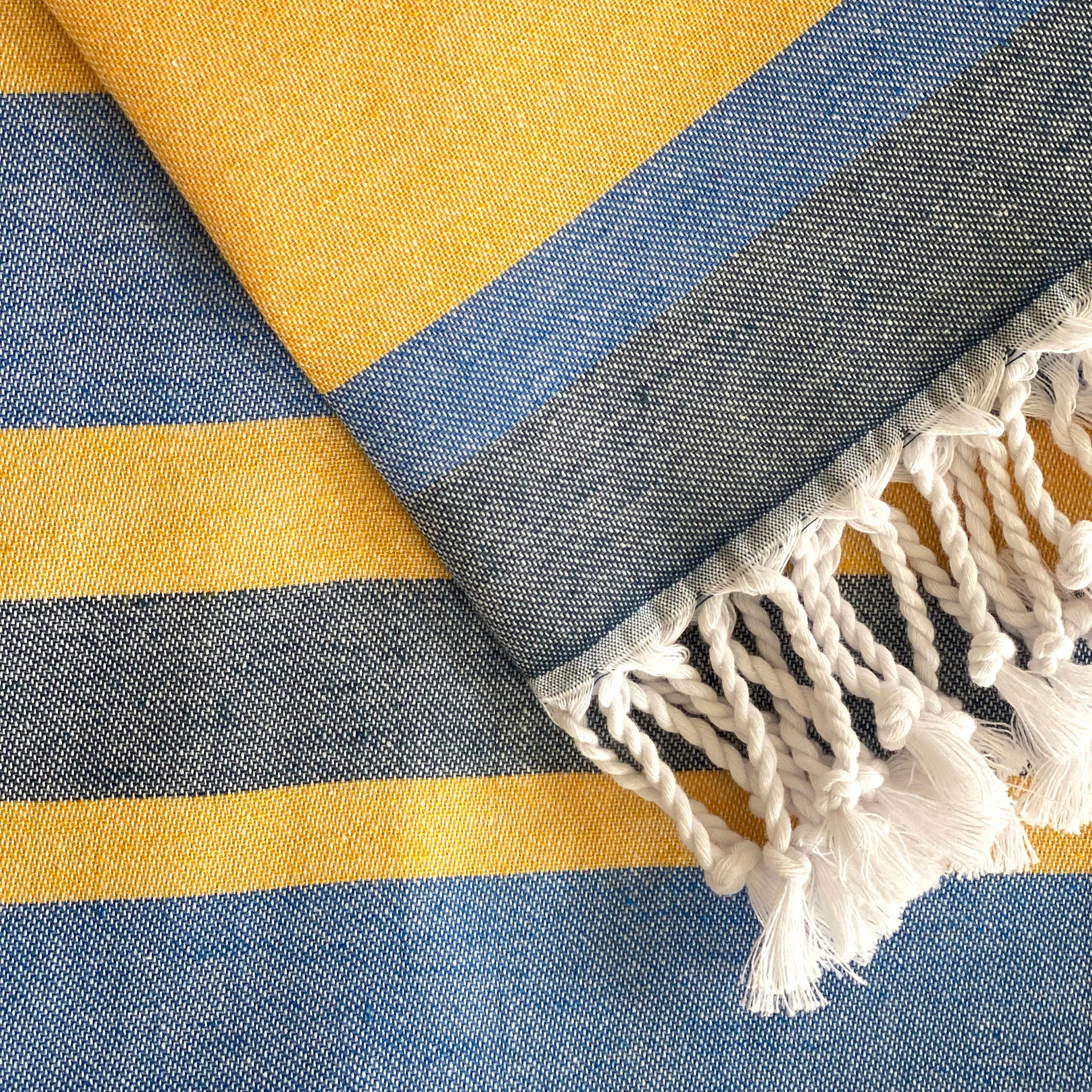 Samara Striped Blue & Yellow Turkish Towel - Thumbnail 4