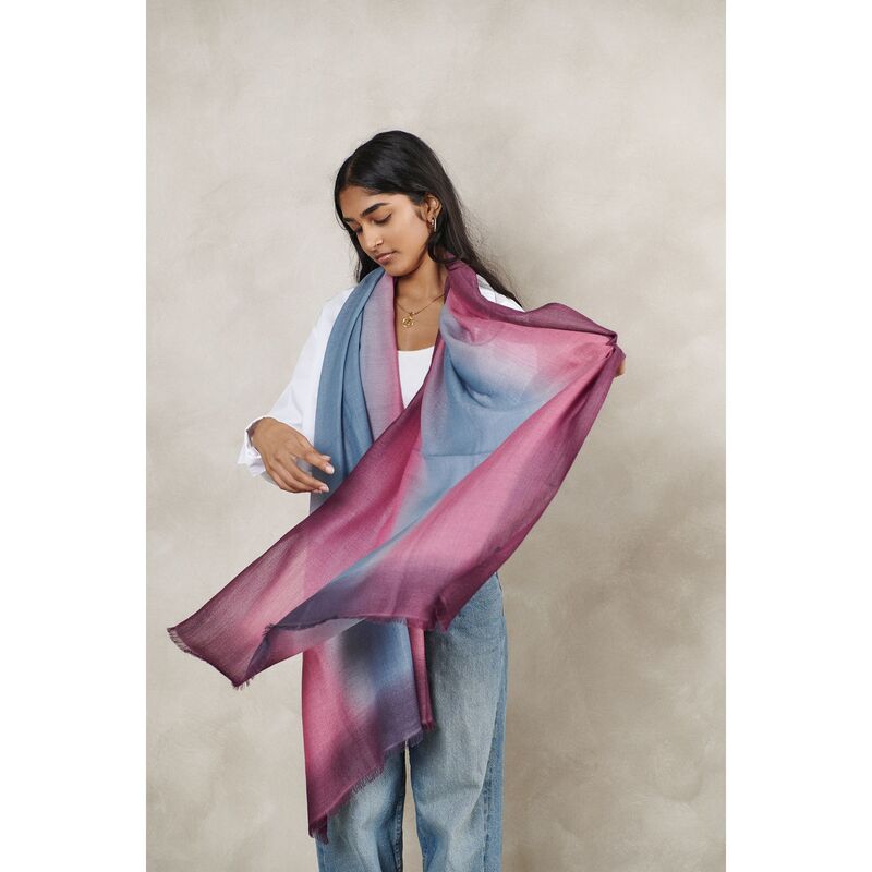 Iris Haze Blue Pink Cashmere Merino Handloom Scarf displayed by a model, showcasing its unique color blend.