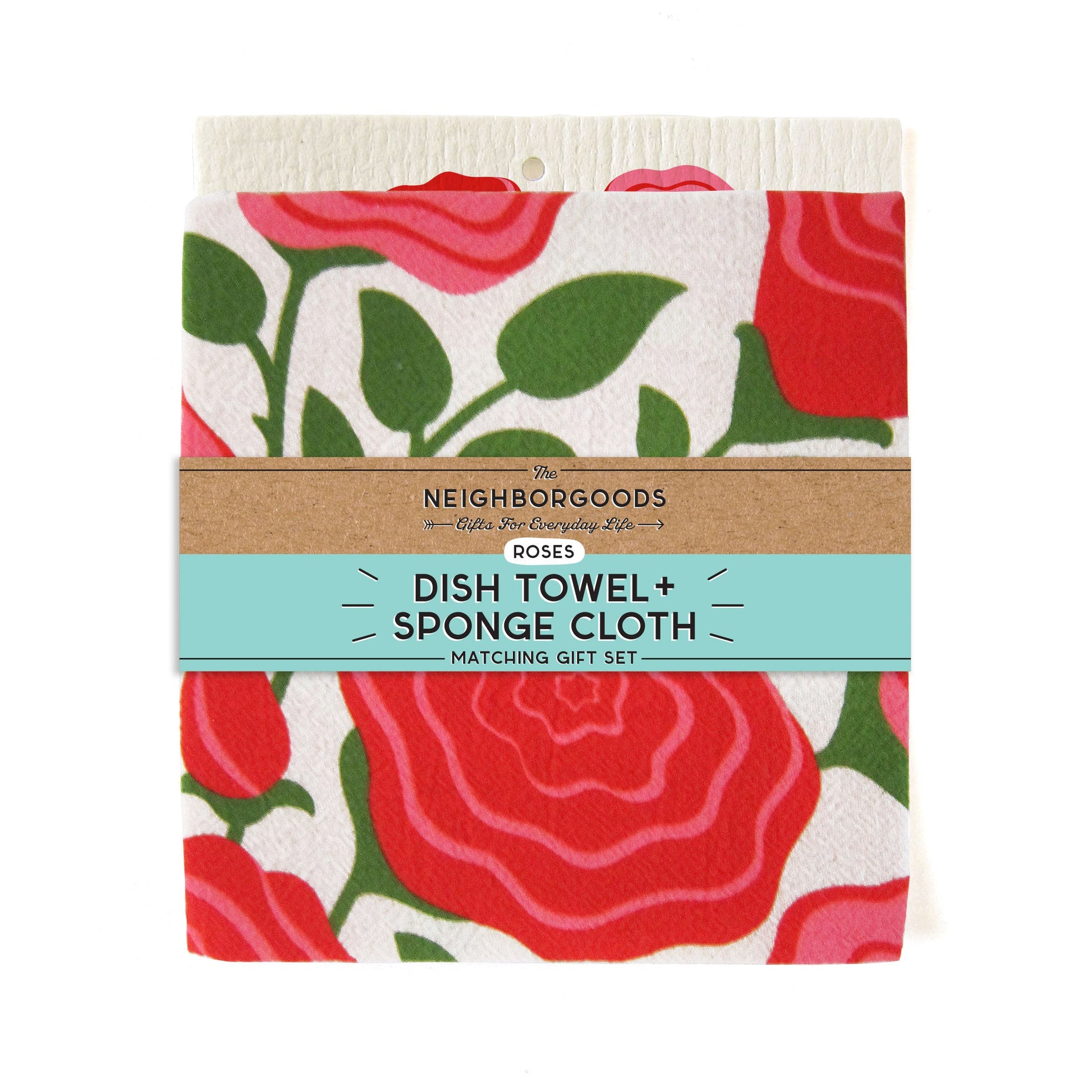 Back of matching dish towel and sponge cloth set with roses design