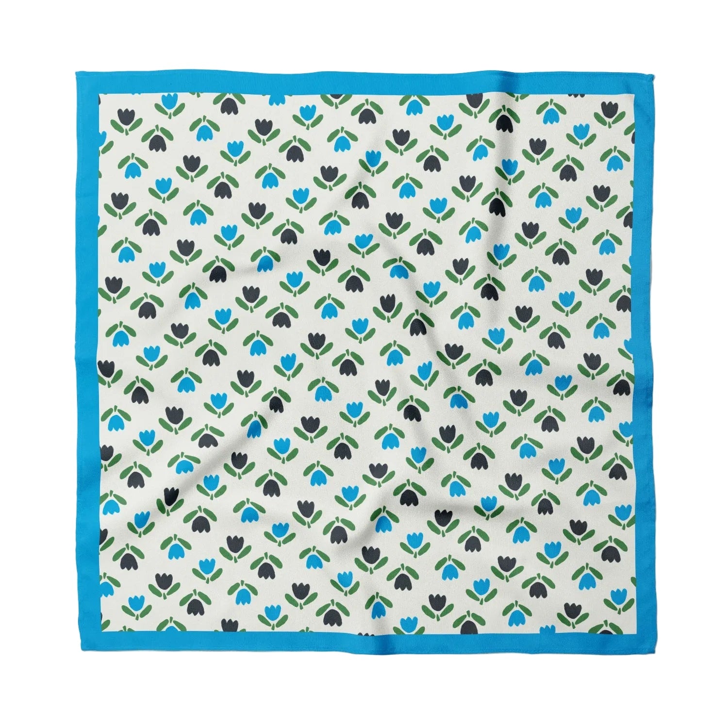 Patterned handkerchief with blue border on a white background, and black and blue tulips pattern