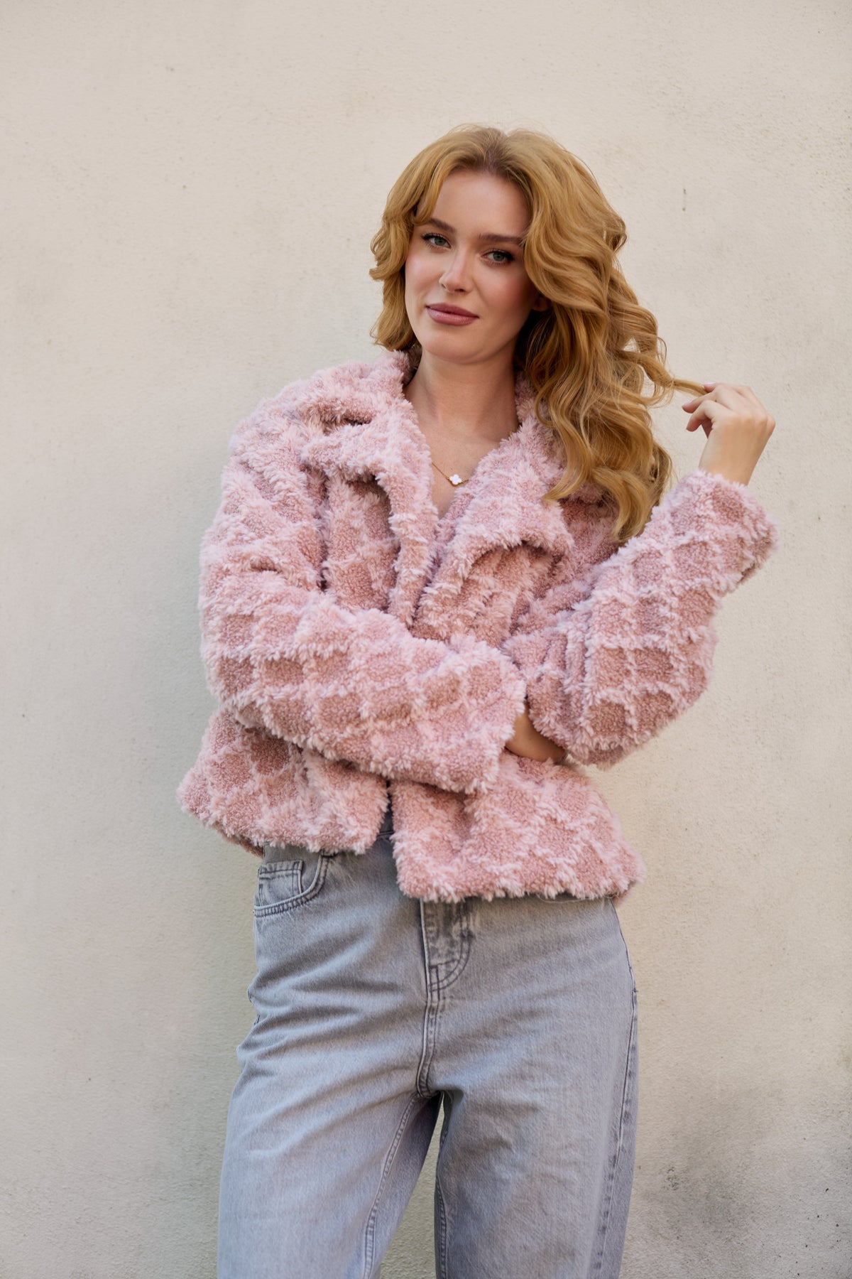 Diamond Patterned Collared Short Jacket - Blush