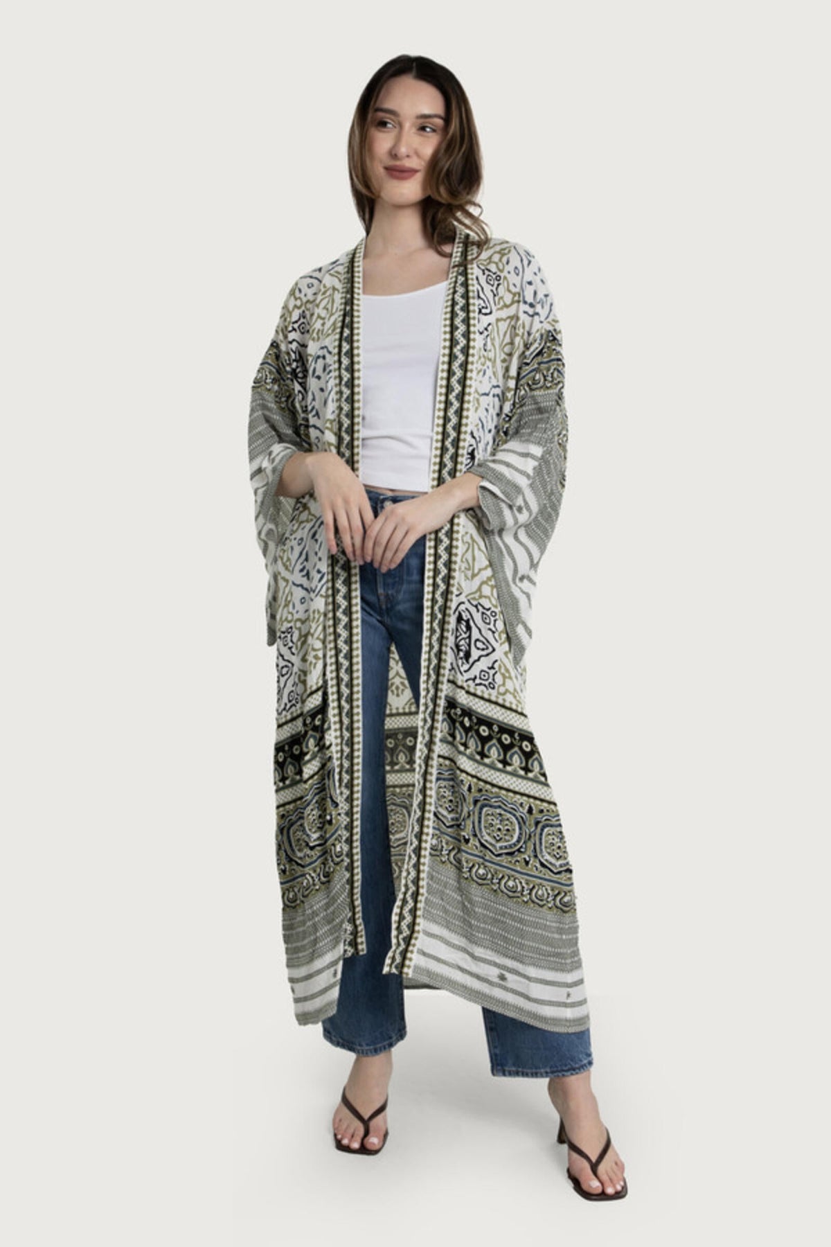 Mosaic Tile Pattern Kimono - White Combo