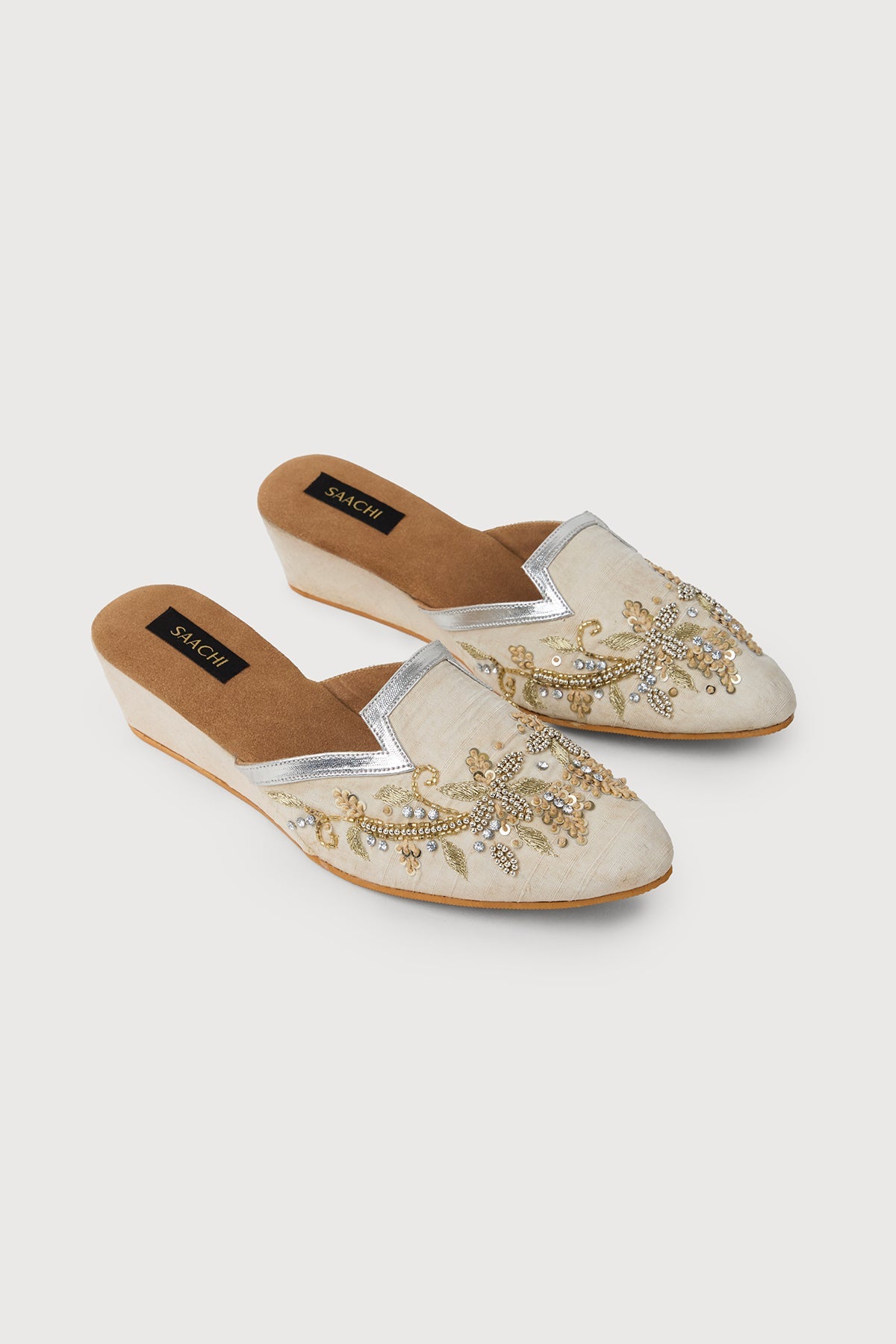Floral Embellished Trim Mules - ivory