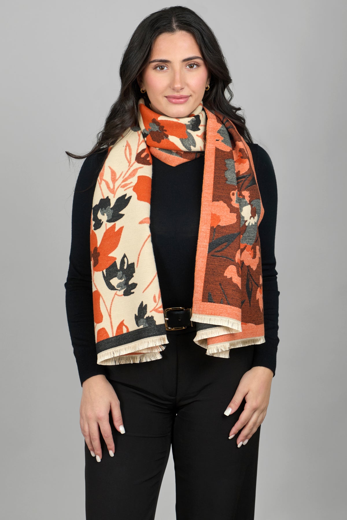 Floral Reversible Fringed Trim Scarf For Fall - Orange