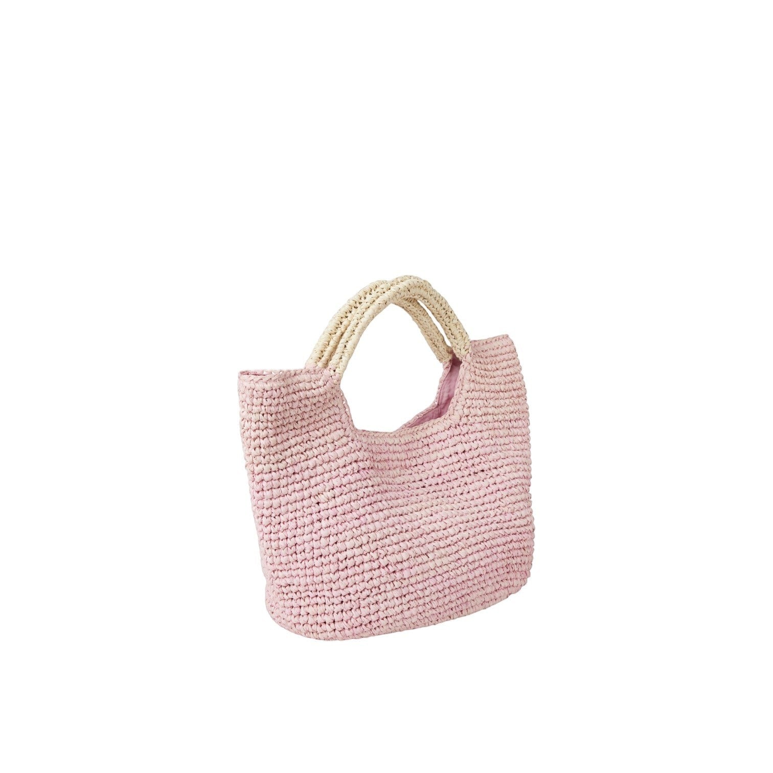 Shop Sarah Stewart The Opal pink raffia tote bag with cotton lining, interior pocket, and snap closure. Features braided handles.