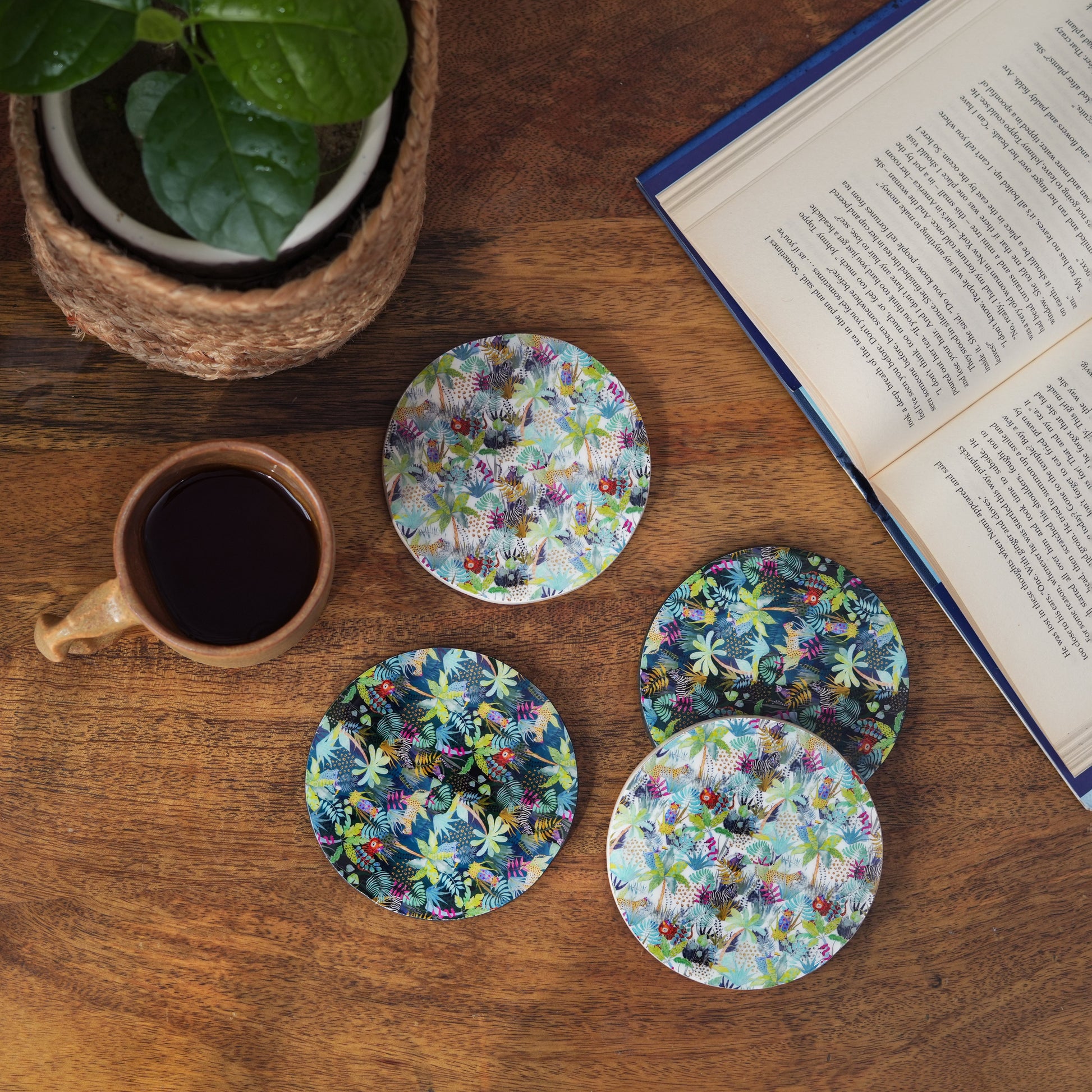  Tropical floral coasters on a wooden coffee table, perfect for protecting surfaces with colorful home decor.