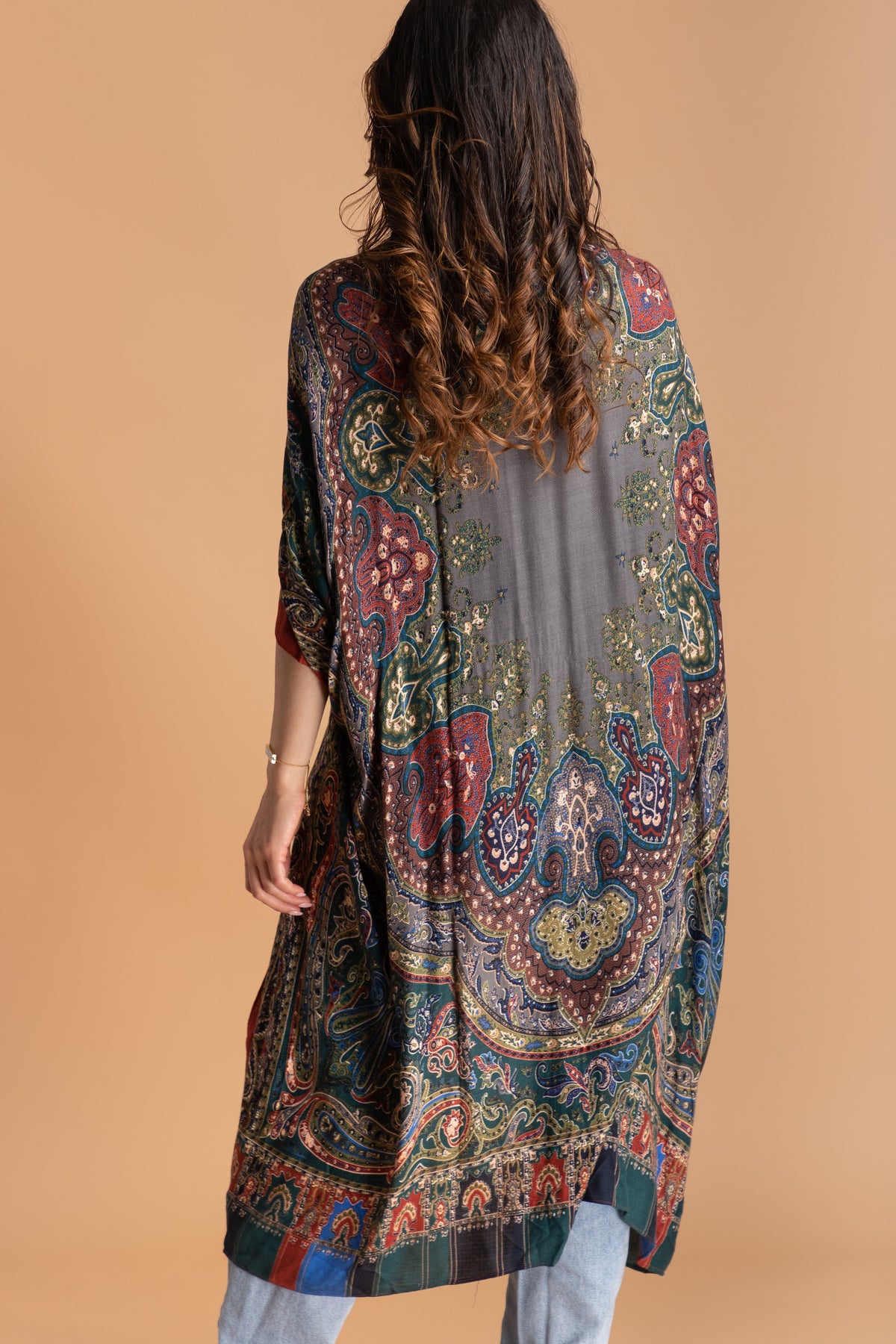 Paisley High Low Kimono Slate Gray