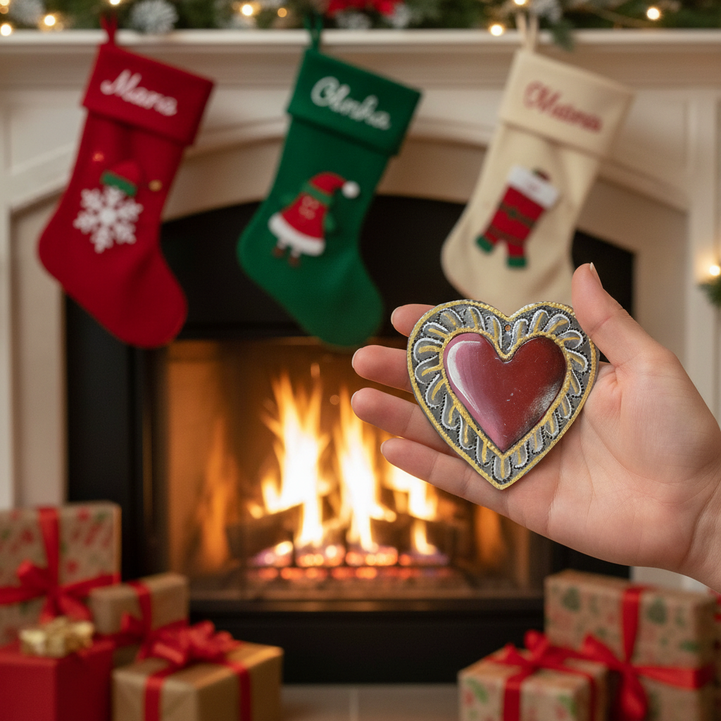 Red Painted Heart Ornament held near a fireplace in a cozy holiday home setting