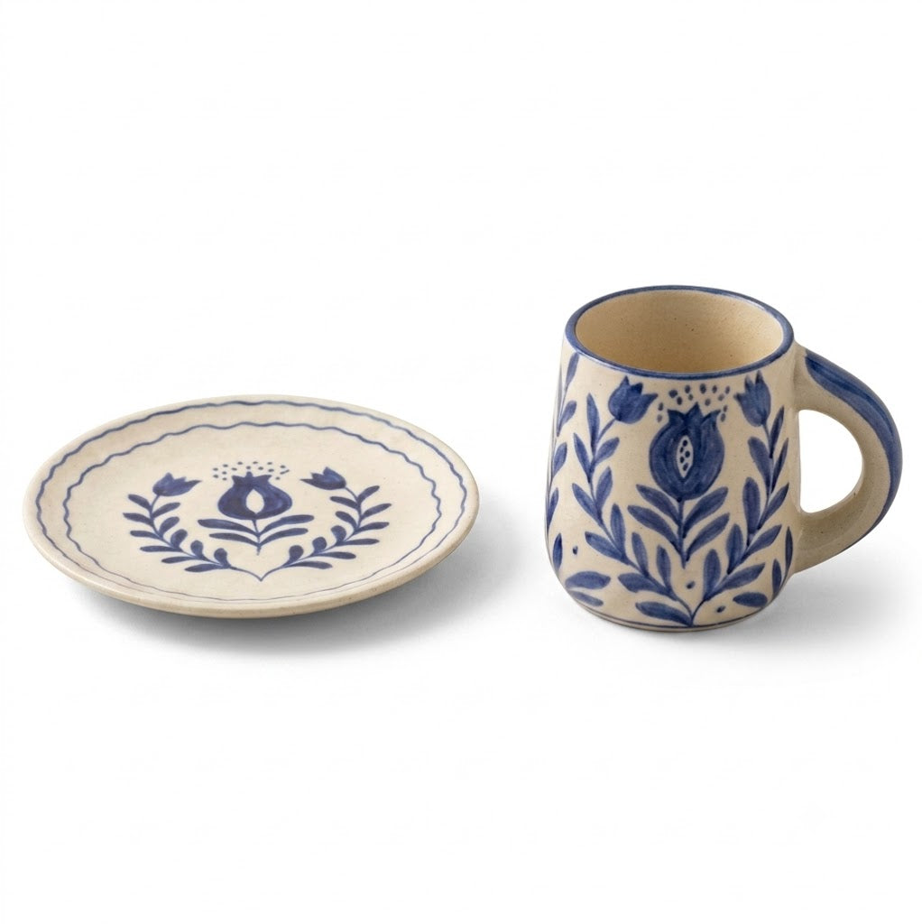Blue Anaar Ceramic Breakfast Set - Coffee Cup & Side Plate (Set of 2)