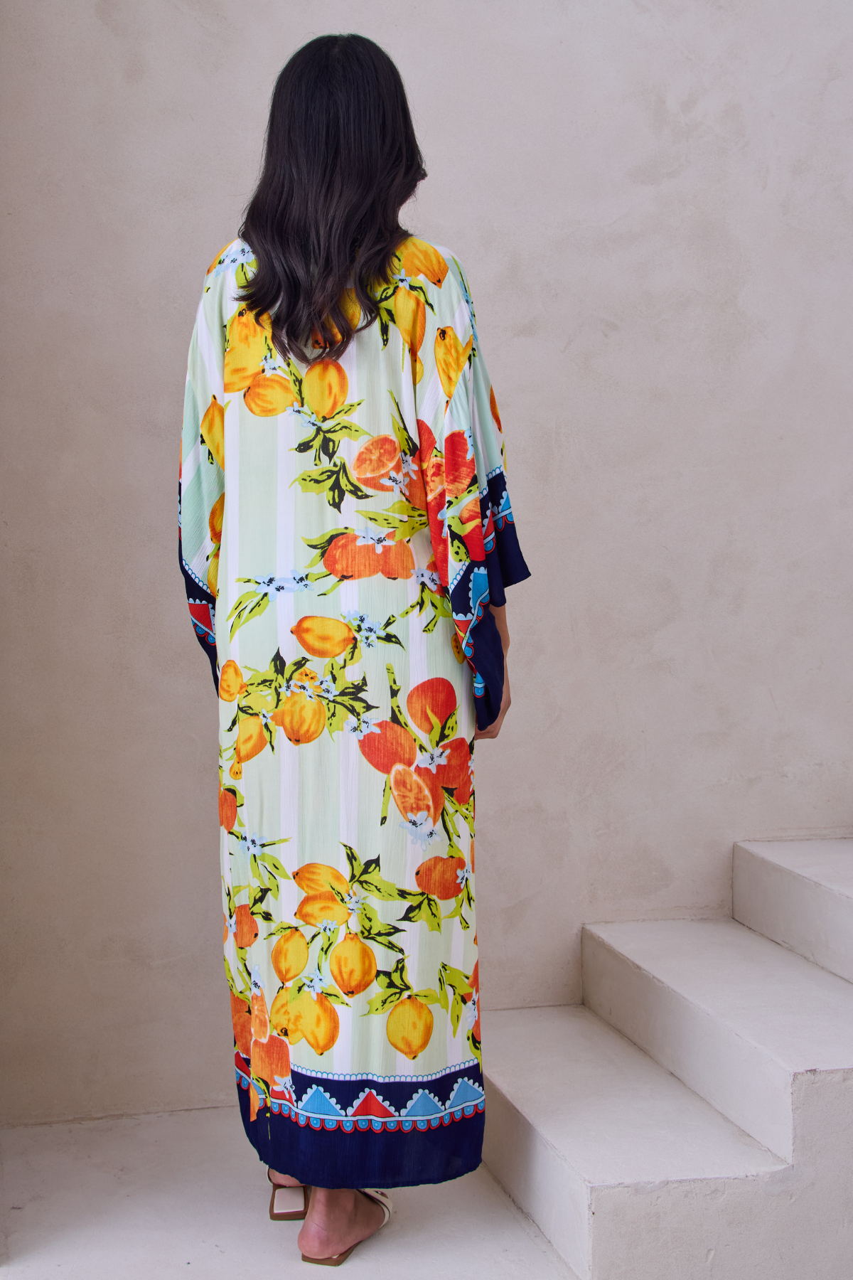 Citrus Print Kimono Long - Dark Blue