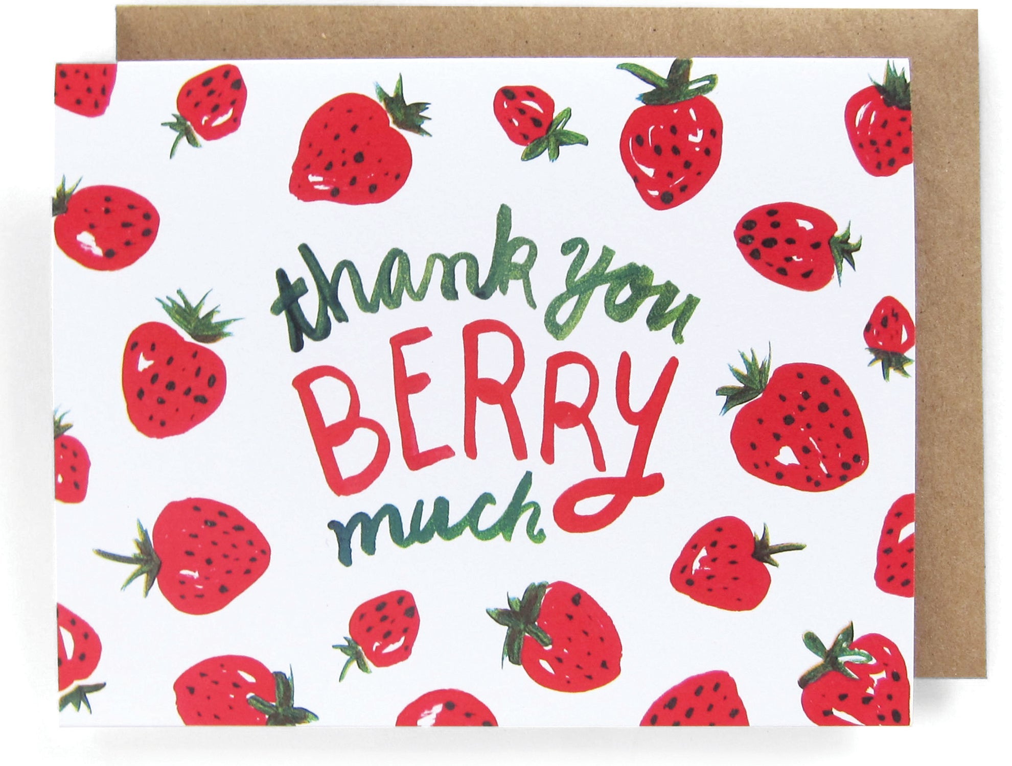White card with a watercolor strawberry design, featuring the phrase "Thank you berry much," with a brown envelope