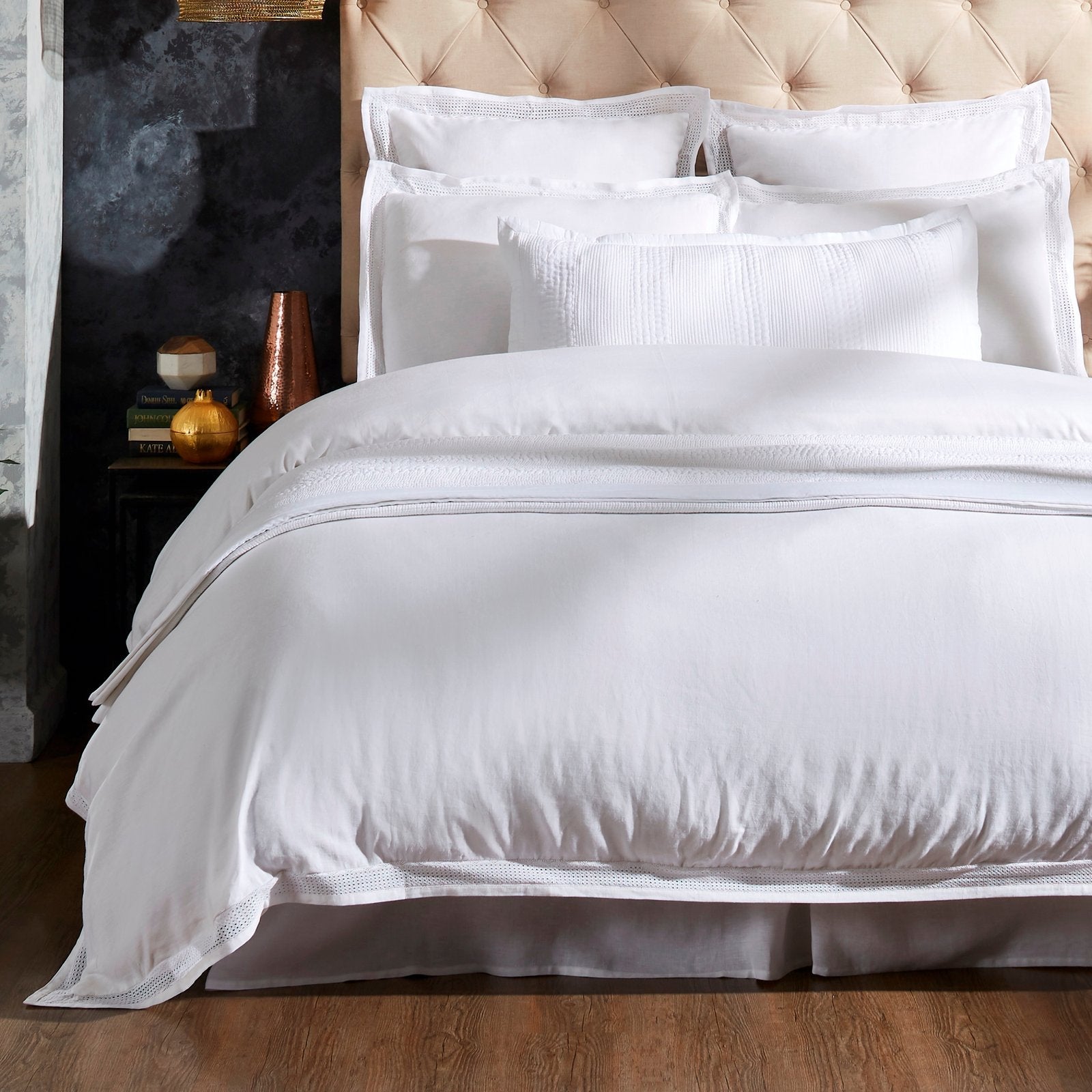 DT-020-X_1|Elegant white duvet cover and matching pillow shams with delicate lace trim, creating a luxurious and clean bedroom.