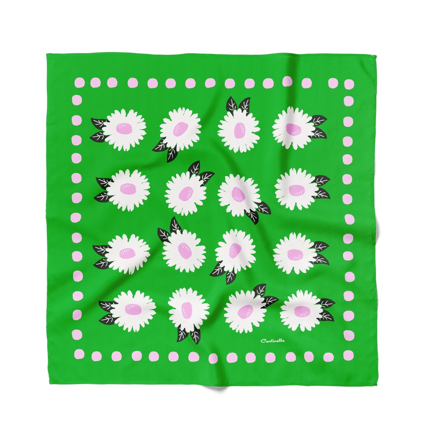 White flowers floral cotton silk bandana in green, pink and black from Centinelle, perfect for a neckerchief or headscarf. Made of a luxurious cotton and silk twill blend with a precise machine-stitched hem. Ethically sourced 
