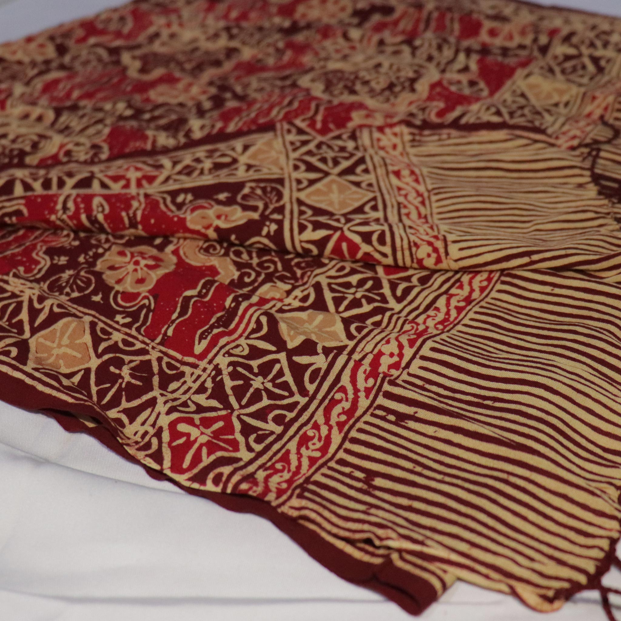 Handmade Batik Scarf, Soft Cotton, Sunlit Garden, Red Burgundy