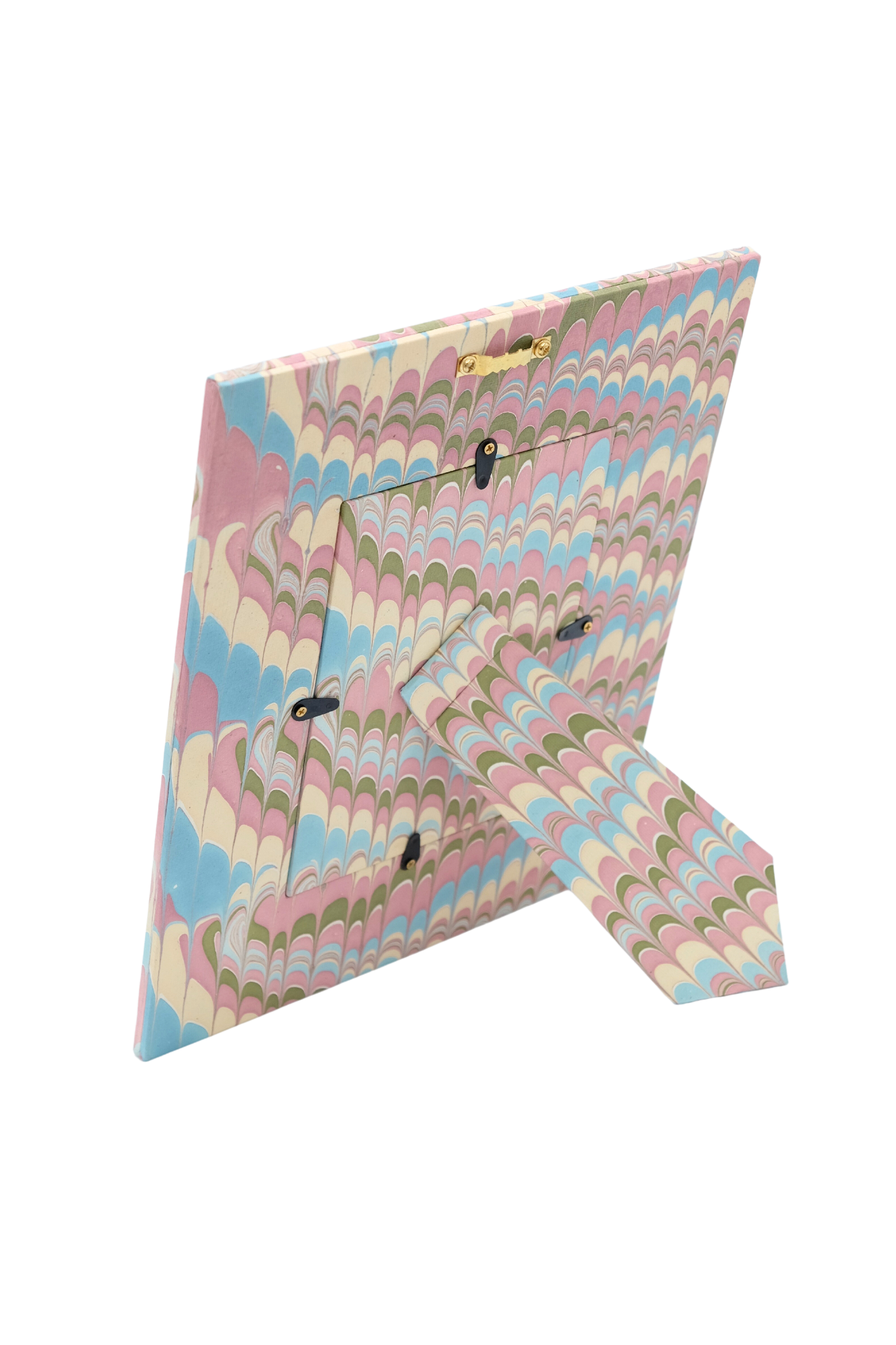 Back of hand-marbled large wall picture frame with lilac blue patterns, 5x7 inches
