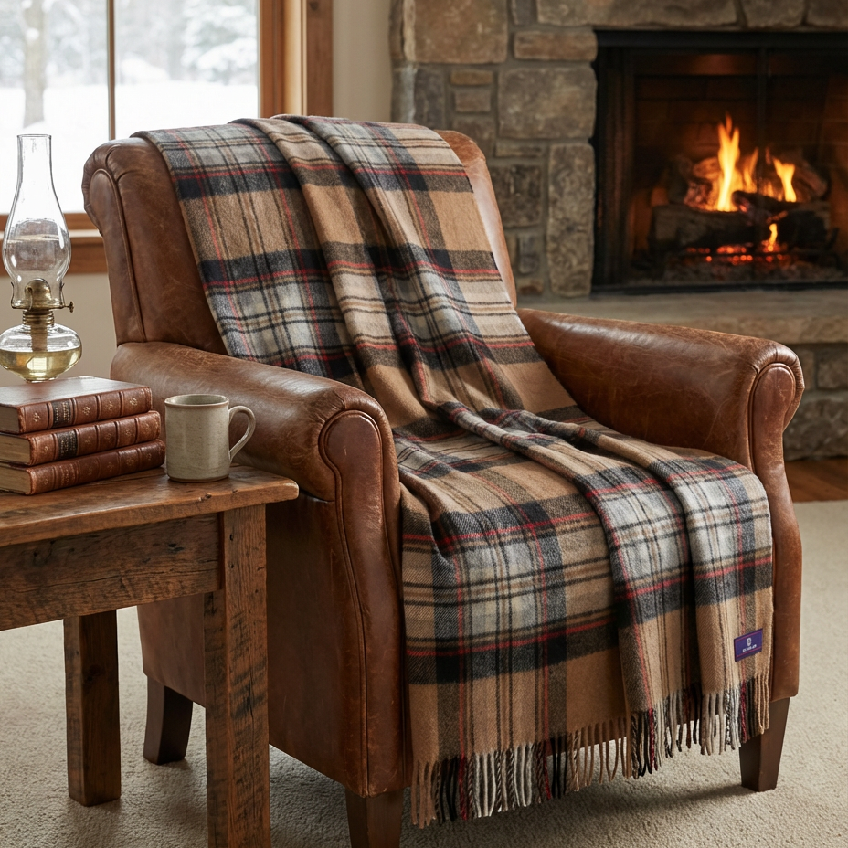 Highland Tartan Tweed Merino Wool Throw ~ Camel Stewart ~-Throws and Blankets-[bar code]-Prince of Scots