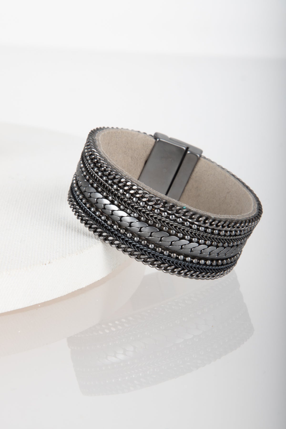 Dainty Chains Leather Bracelet - Gunmetal
