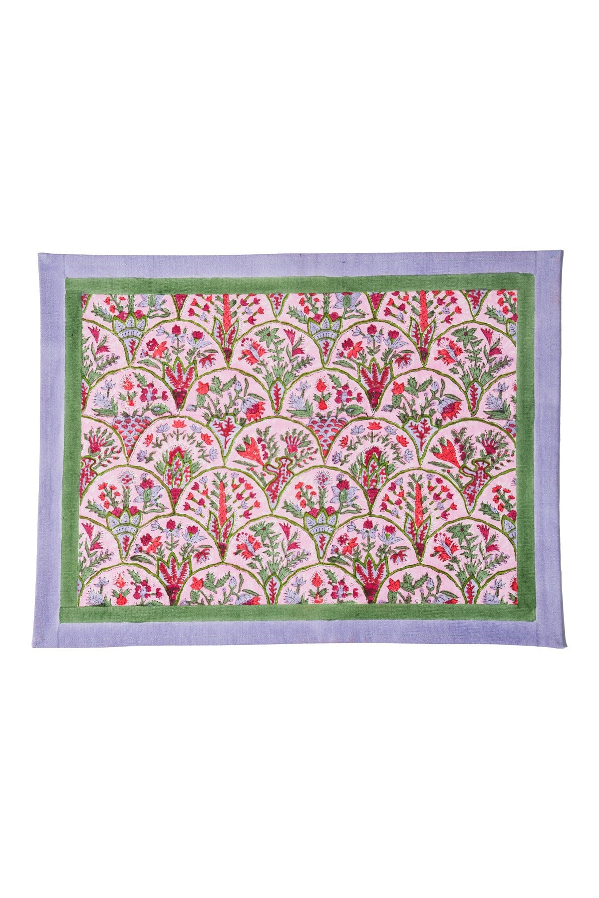 Pink arch blockprint placemat with lavender border