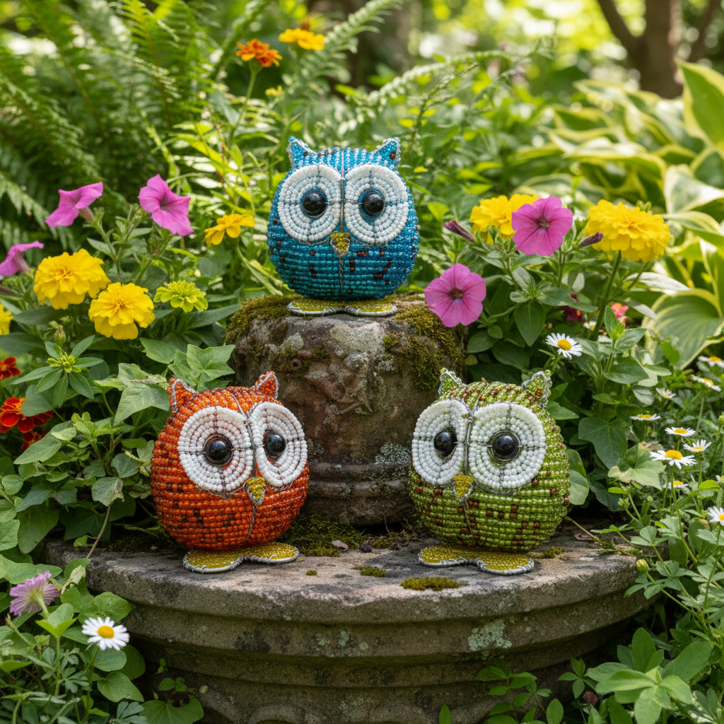 Hand-sculpted beaded baby owls set of 3 in outdoor garden setting – 10OWLBS1