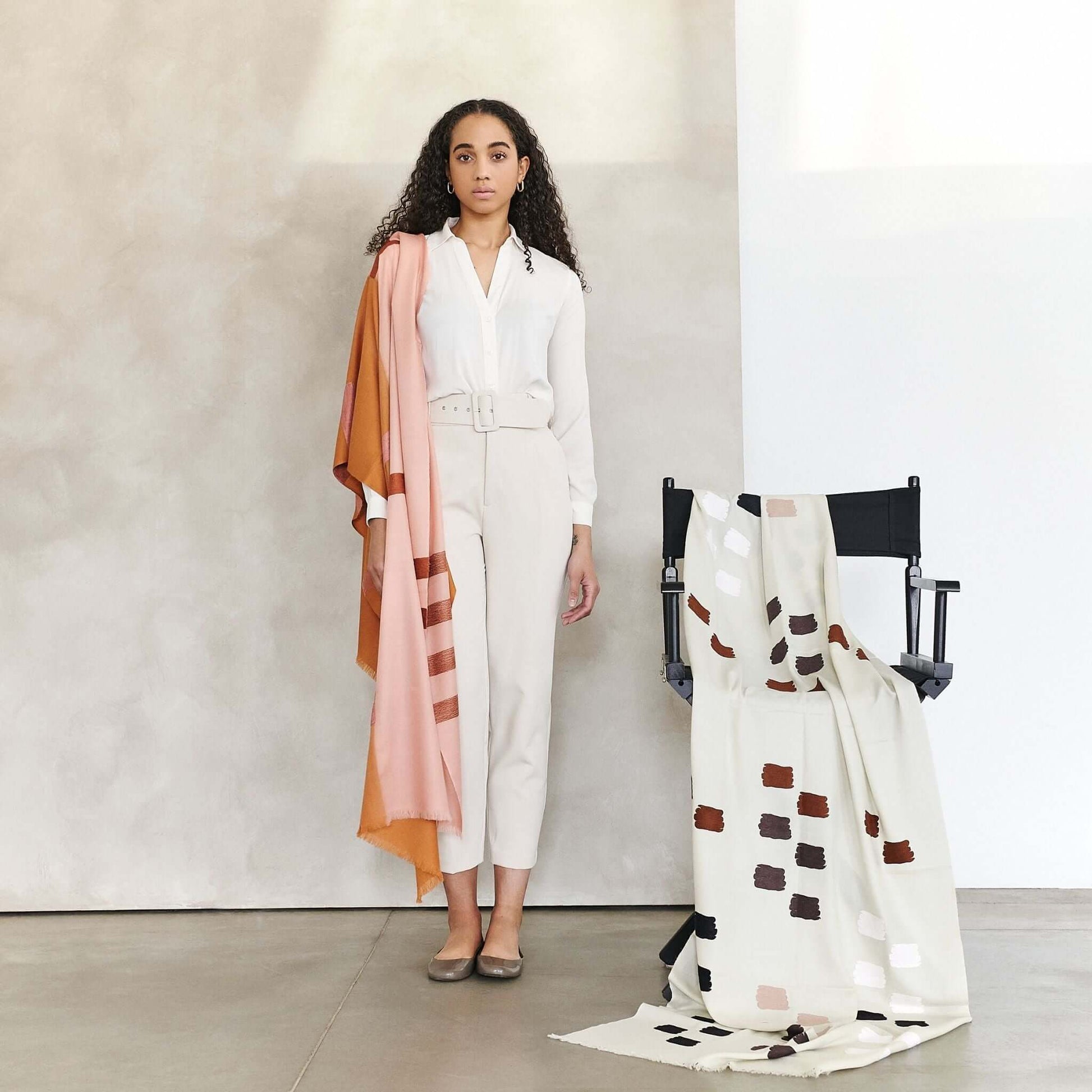 Canyon Hand Embroidered Hand Woven Merino Silk Soft Scarf displayed by a model, showcasing elegance and craftsmanship.