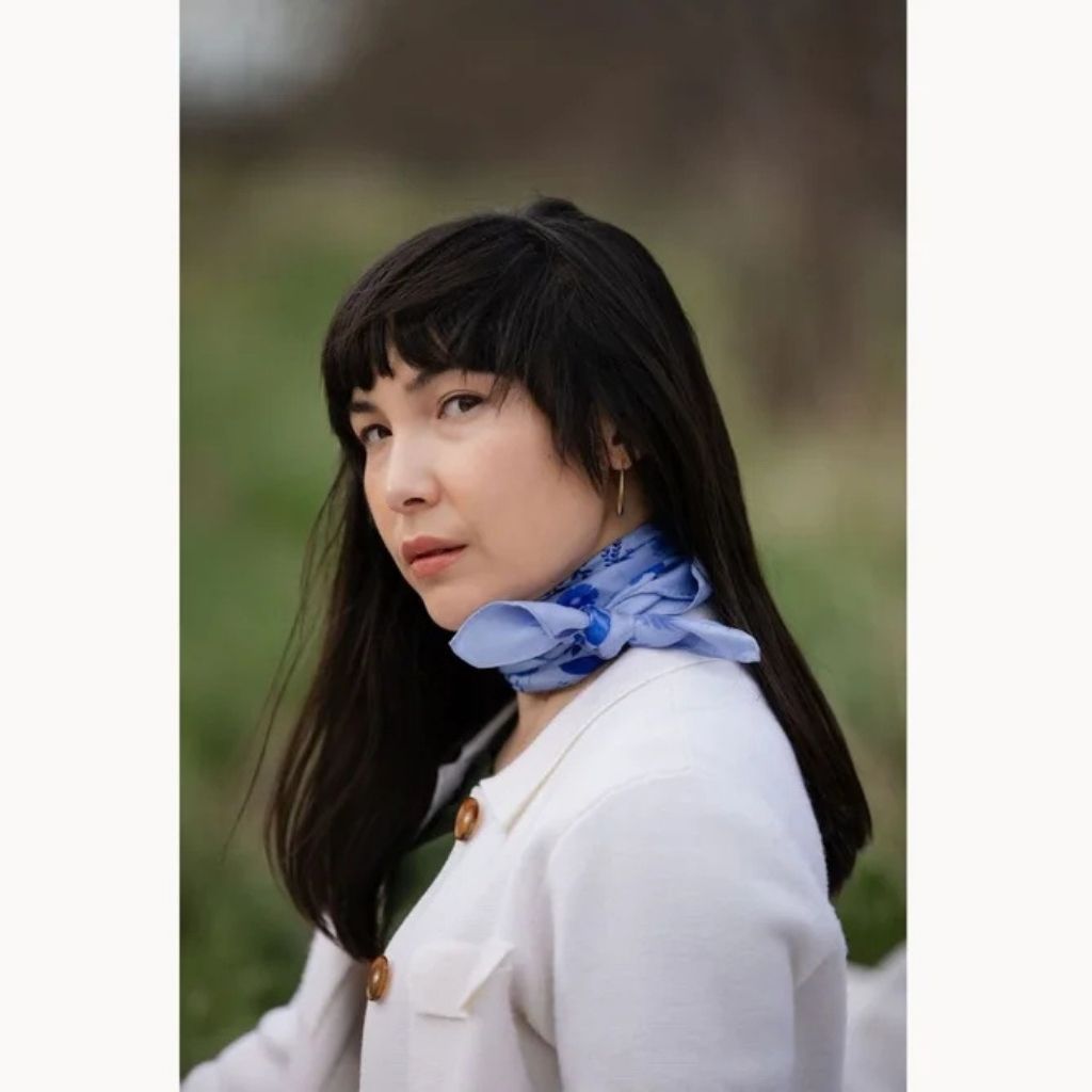 100% Silk Scarf: Zephyr - Blue Floral Bird Pattern