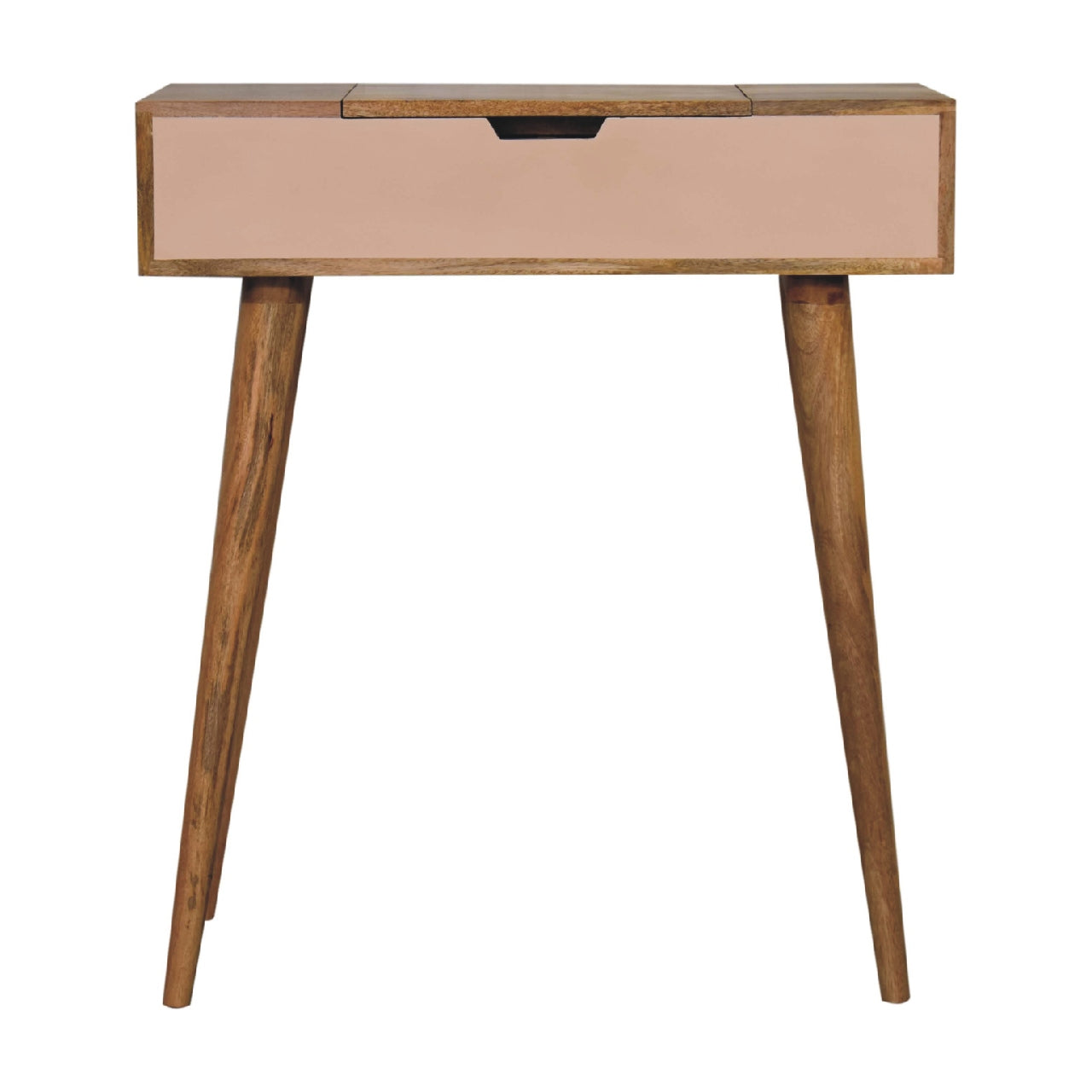 Solid Wood Mini Pink Dressing Table, 4 Compartments, Nordic Legs, Pink and Light Brown