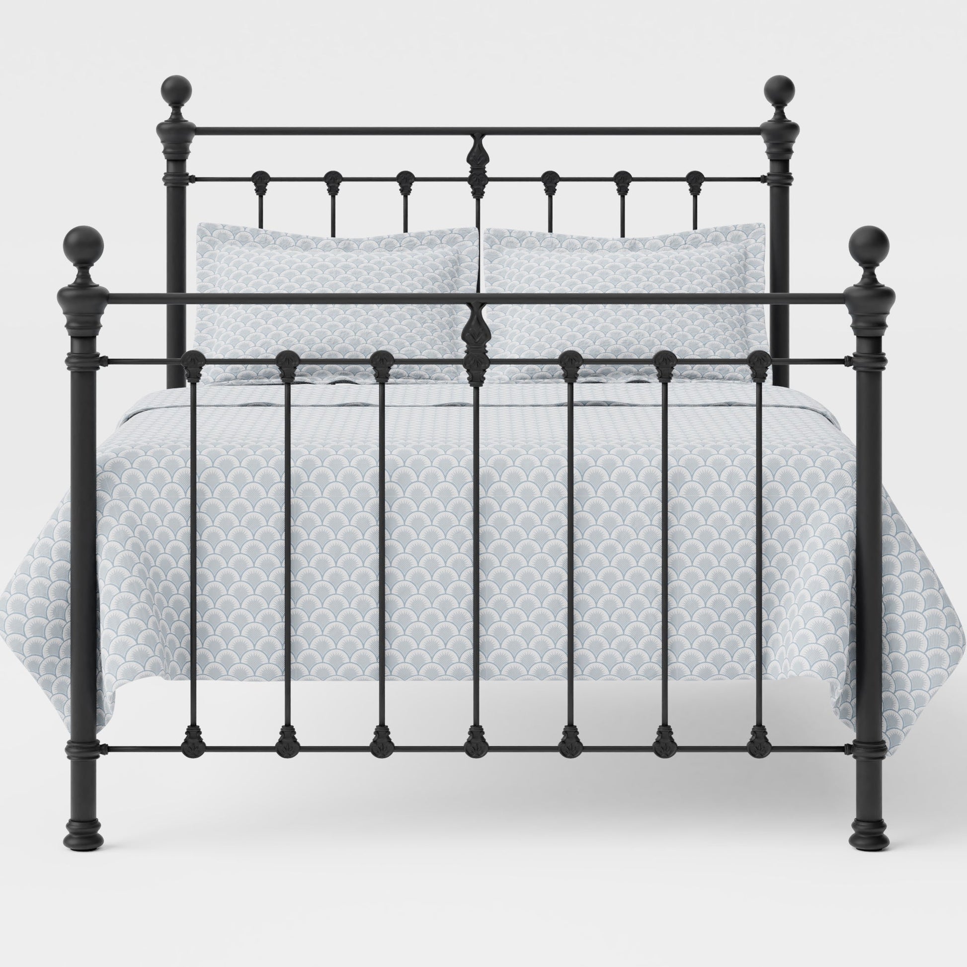 MB-204-6080_2|Stylish black metal bed frame with decorative finials, featuring a chic blue patterned duvet and matching pillows.