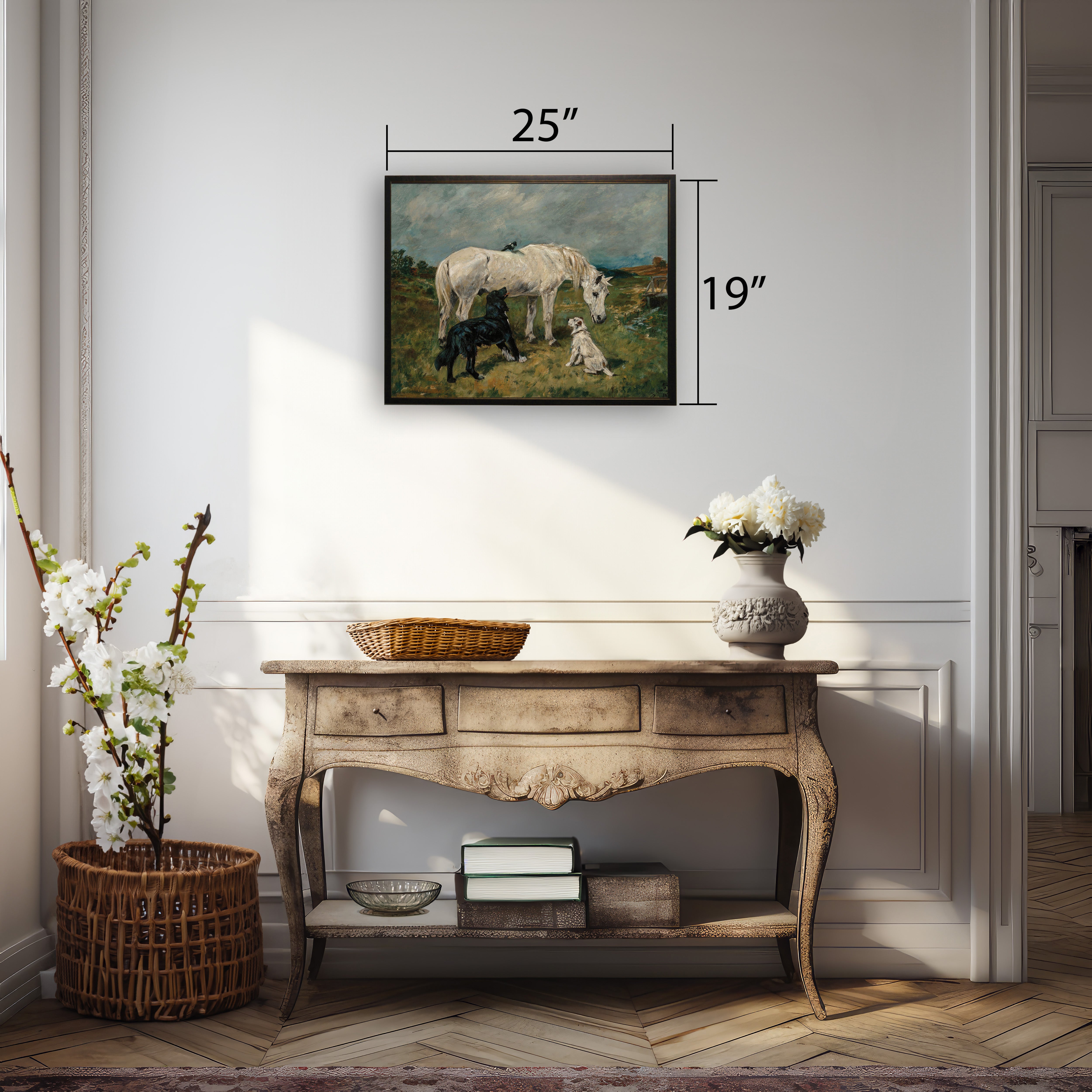 Horse and Dogs in Copper and Black Frame