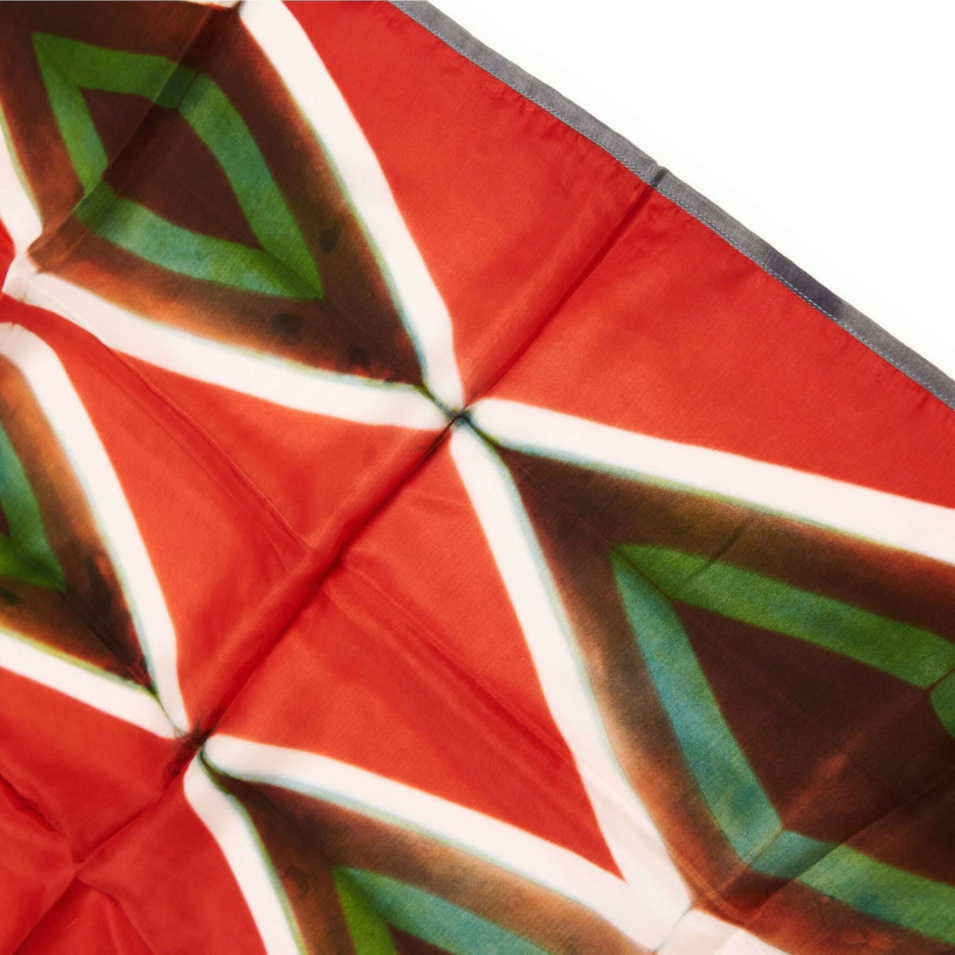 Fawn Square Silk Artisanal Scarf In Multicolor Hand Crafted Shibori Print close-up of vibrant pattern and colors.