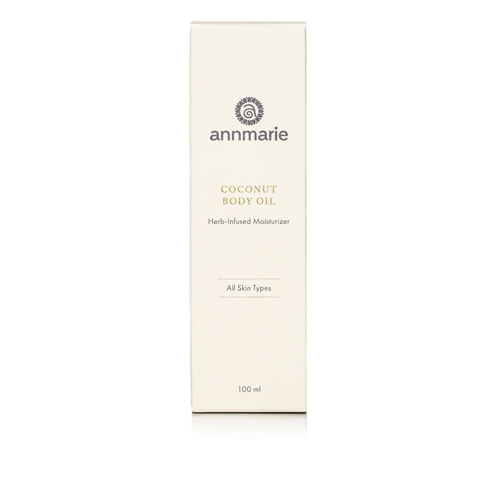 Coconut Body Oil herb-infused moisturizer product box for all skin types, 100 ml.