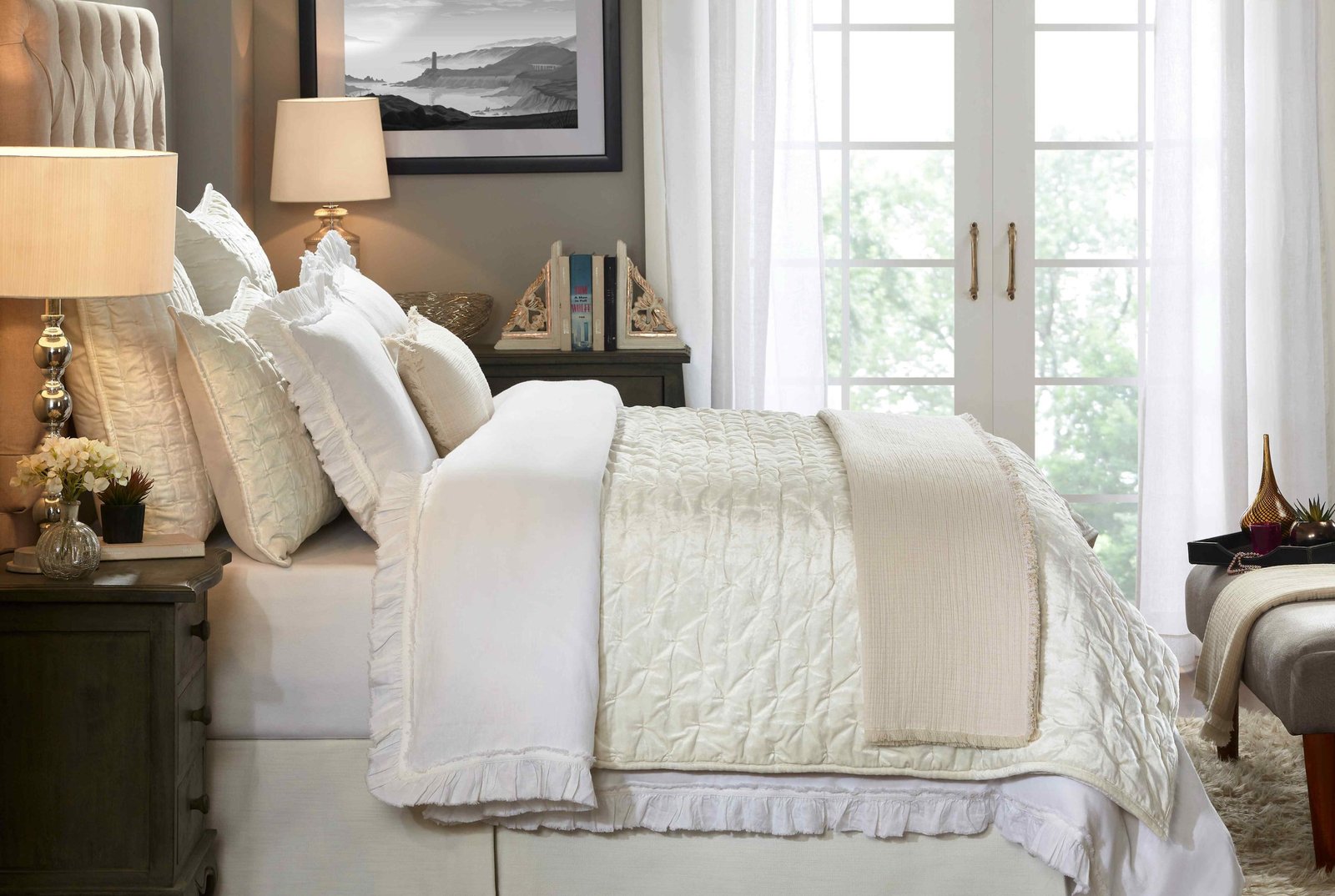 DT-017-X_2|Bright white ruffled duvet cover set on a queen bed, paired with a quilted coverlet and a neutral throw blanket.