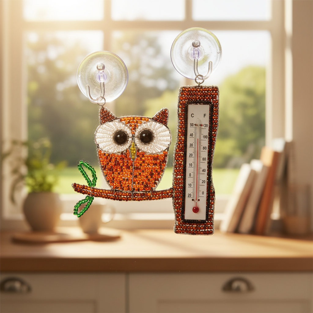 Thermometer Owl Set of 2 - mounted on kitchen window with suction cup