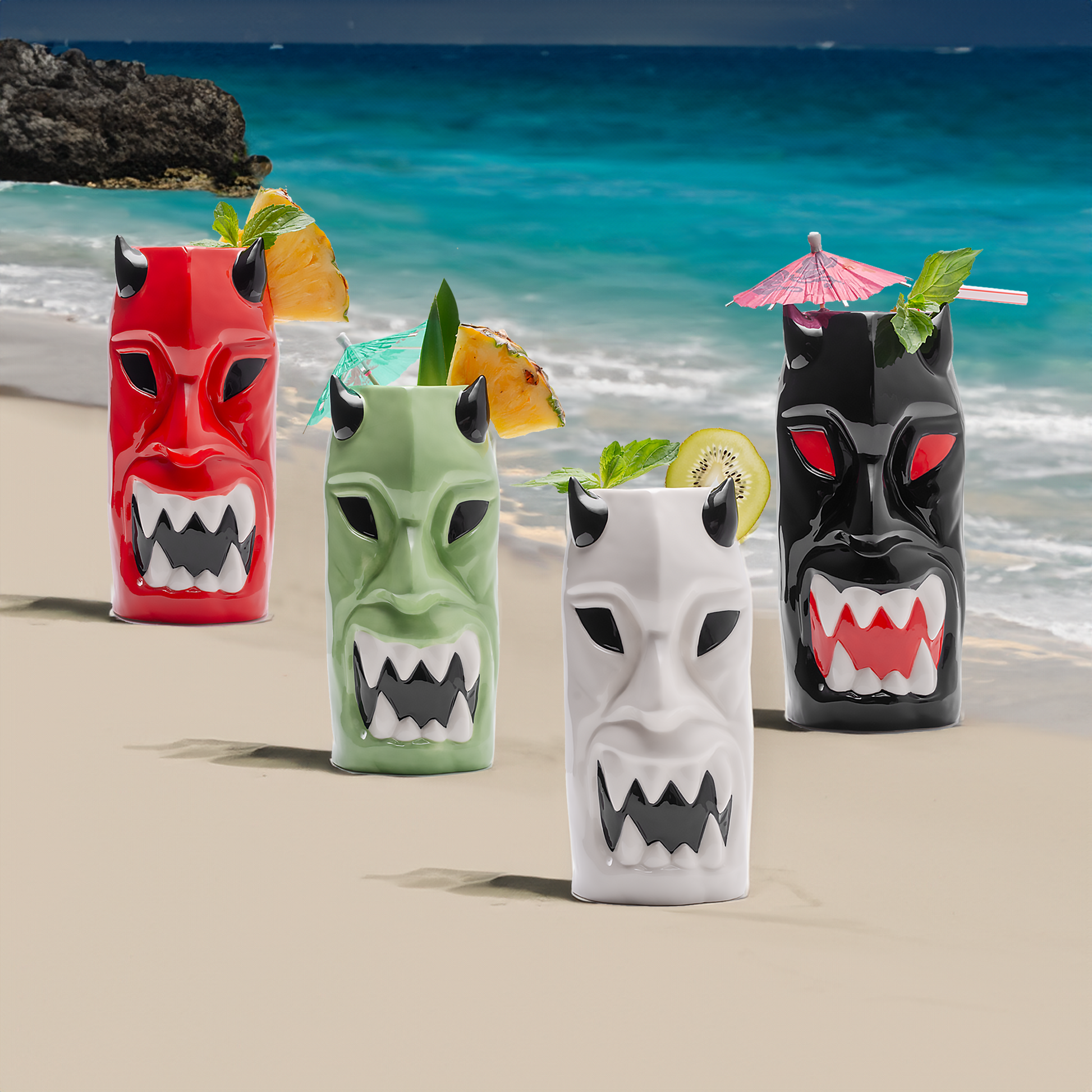LEMONSODA Ceramic Horned Tiki Hawaiian Glasses (Set of 4) - Lemonsoda