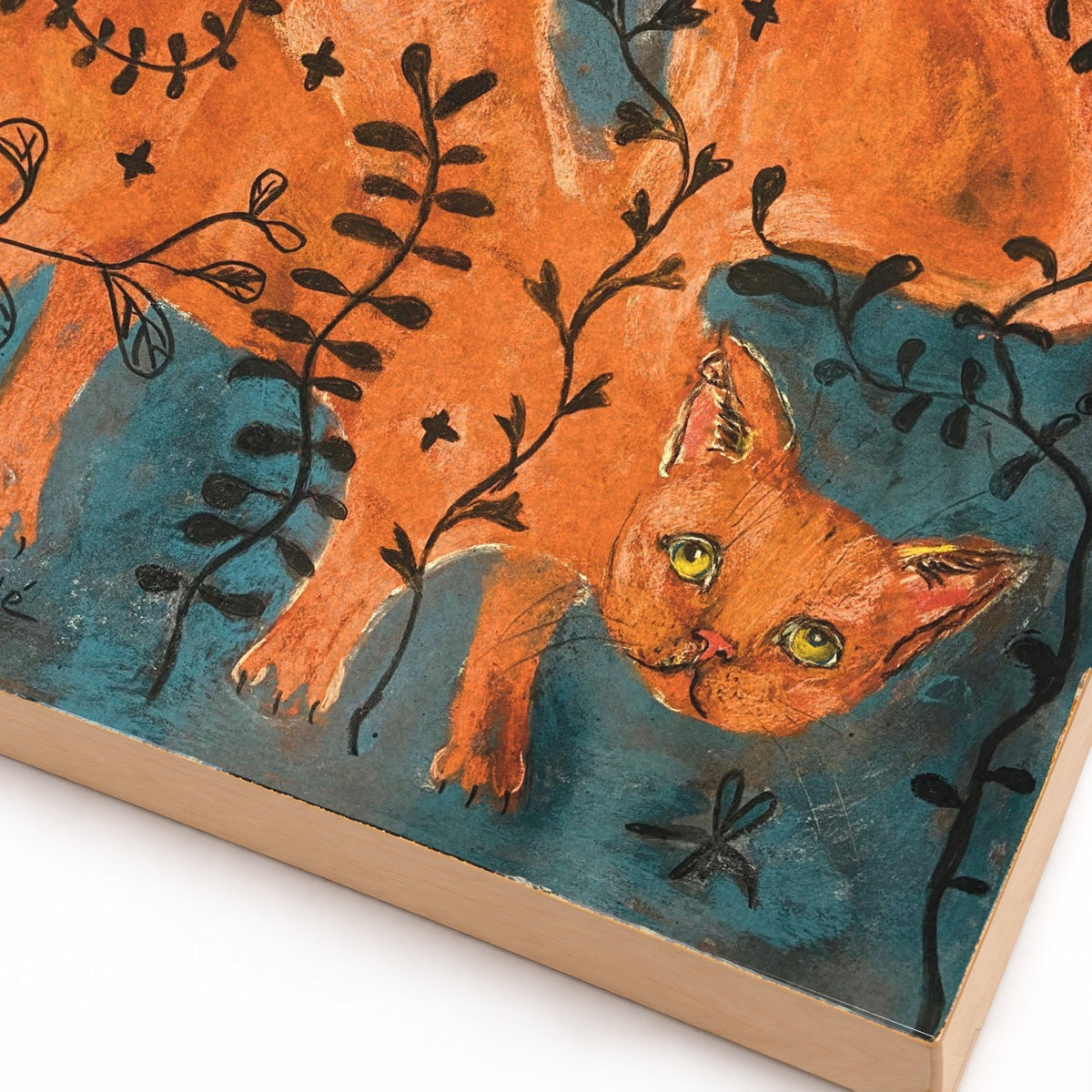 Dragonfly Cat winged orange cat art print, close-up detail of print and wood edge